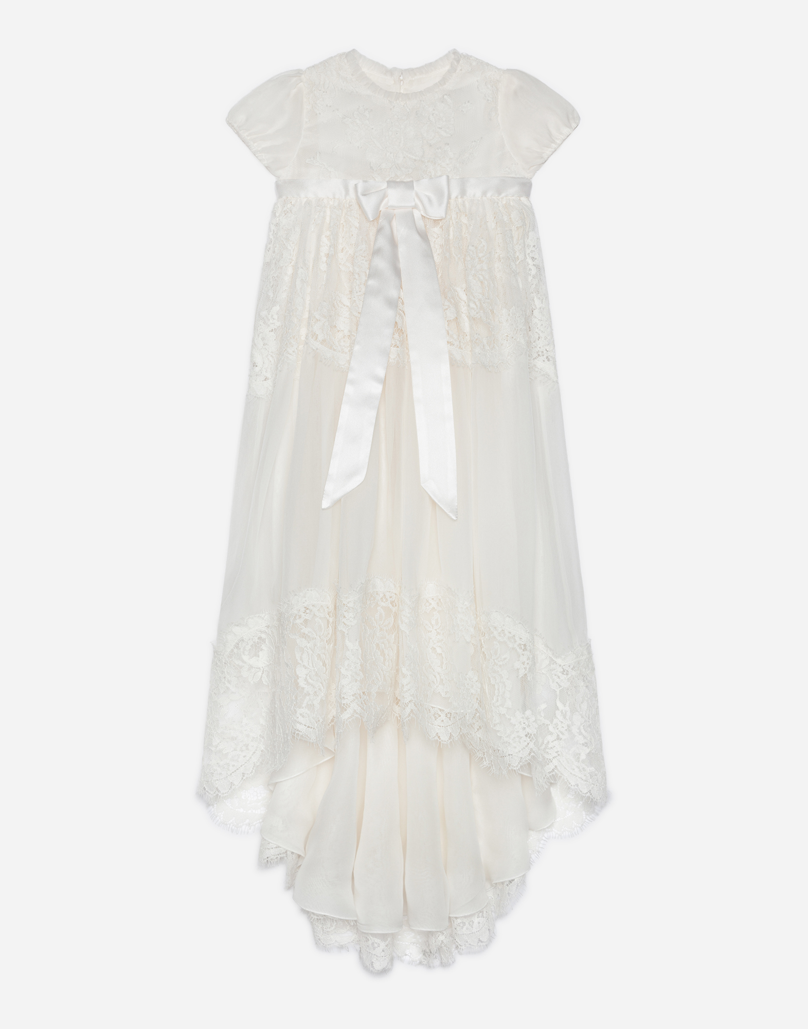 Long silk chiffon and lace dress in White