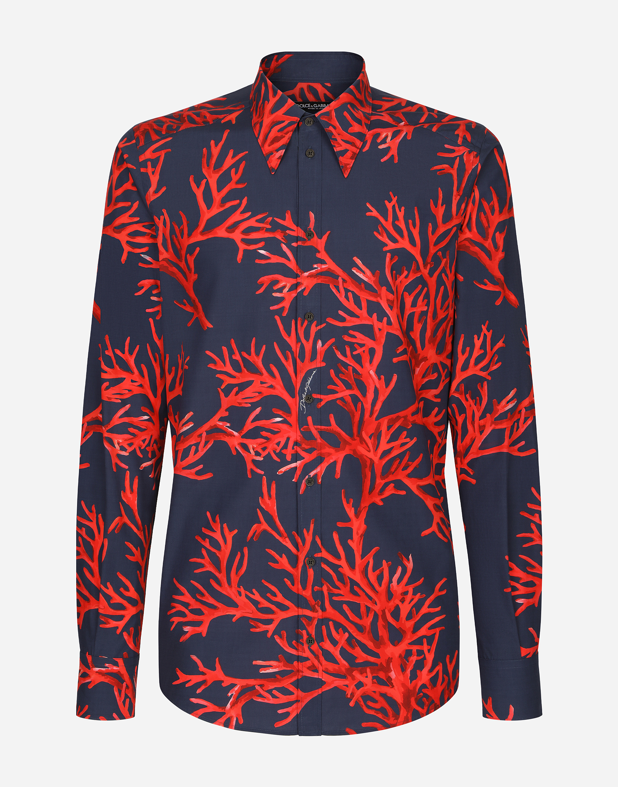Cotton Martini-fit shirt with coral print in Multicolor