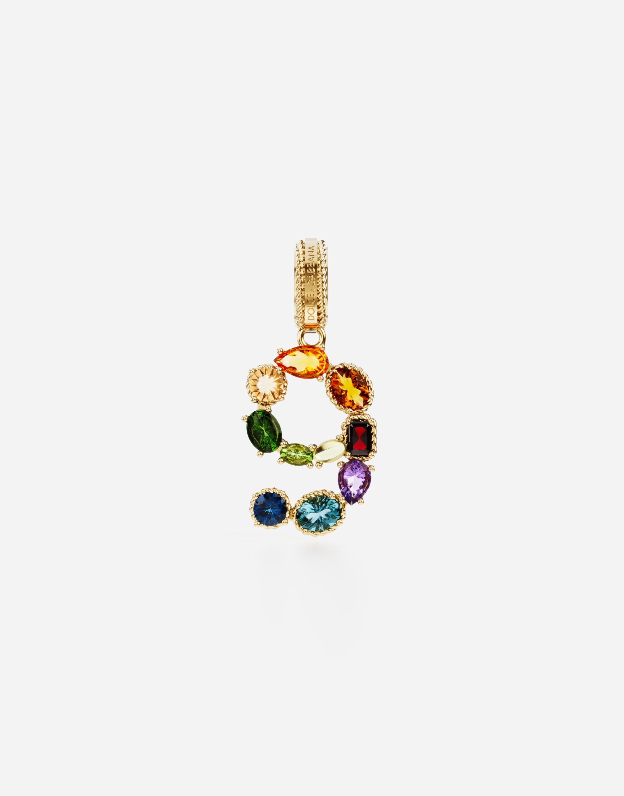 18 kt yellow gold rainbow pendant  with multicolor finegemstones representing number 9 in Yellow gold
