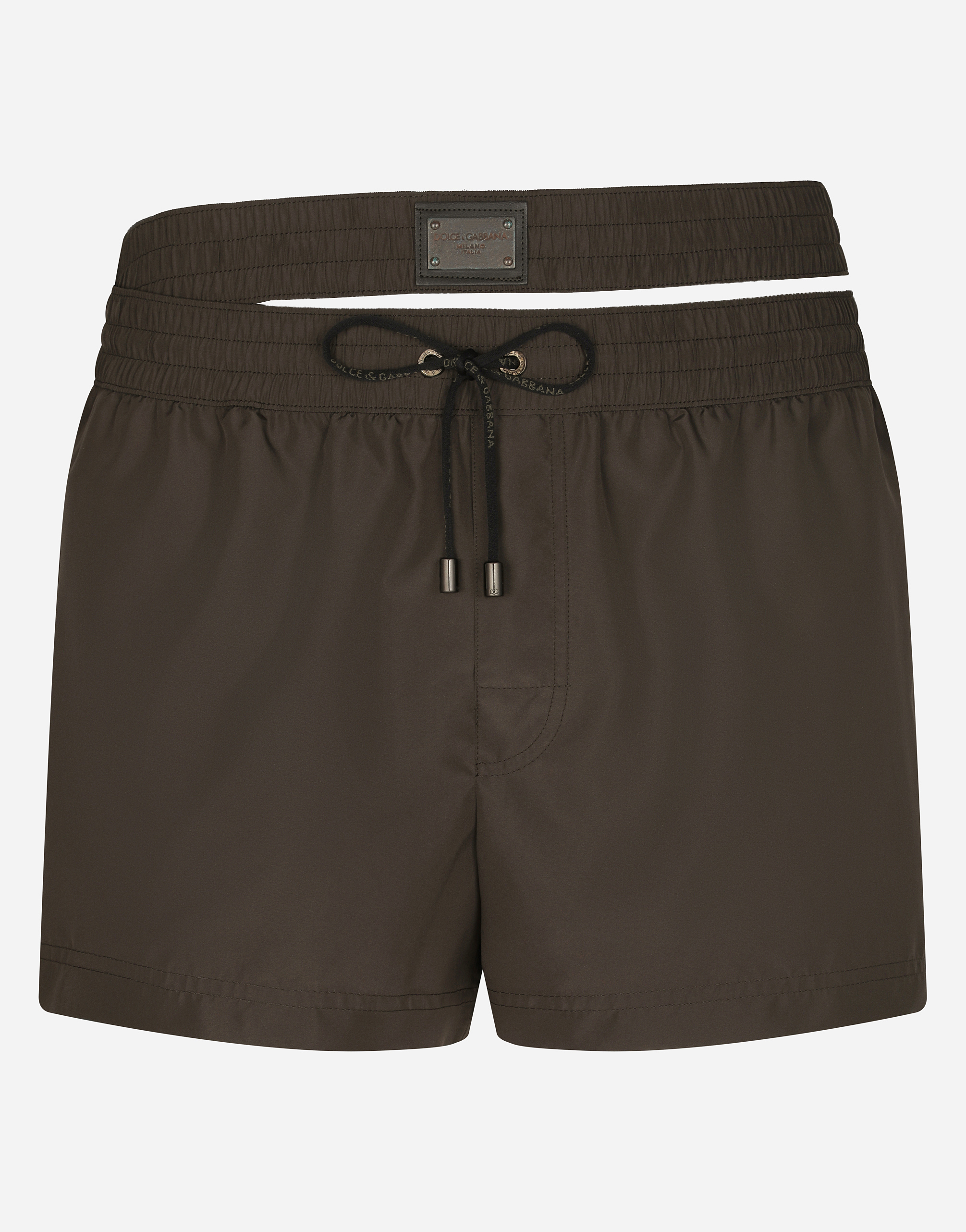 Short swim trunks with double waistband and branded tag in Multicolor
