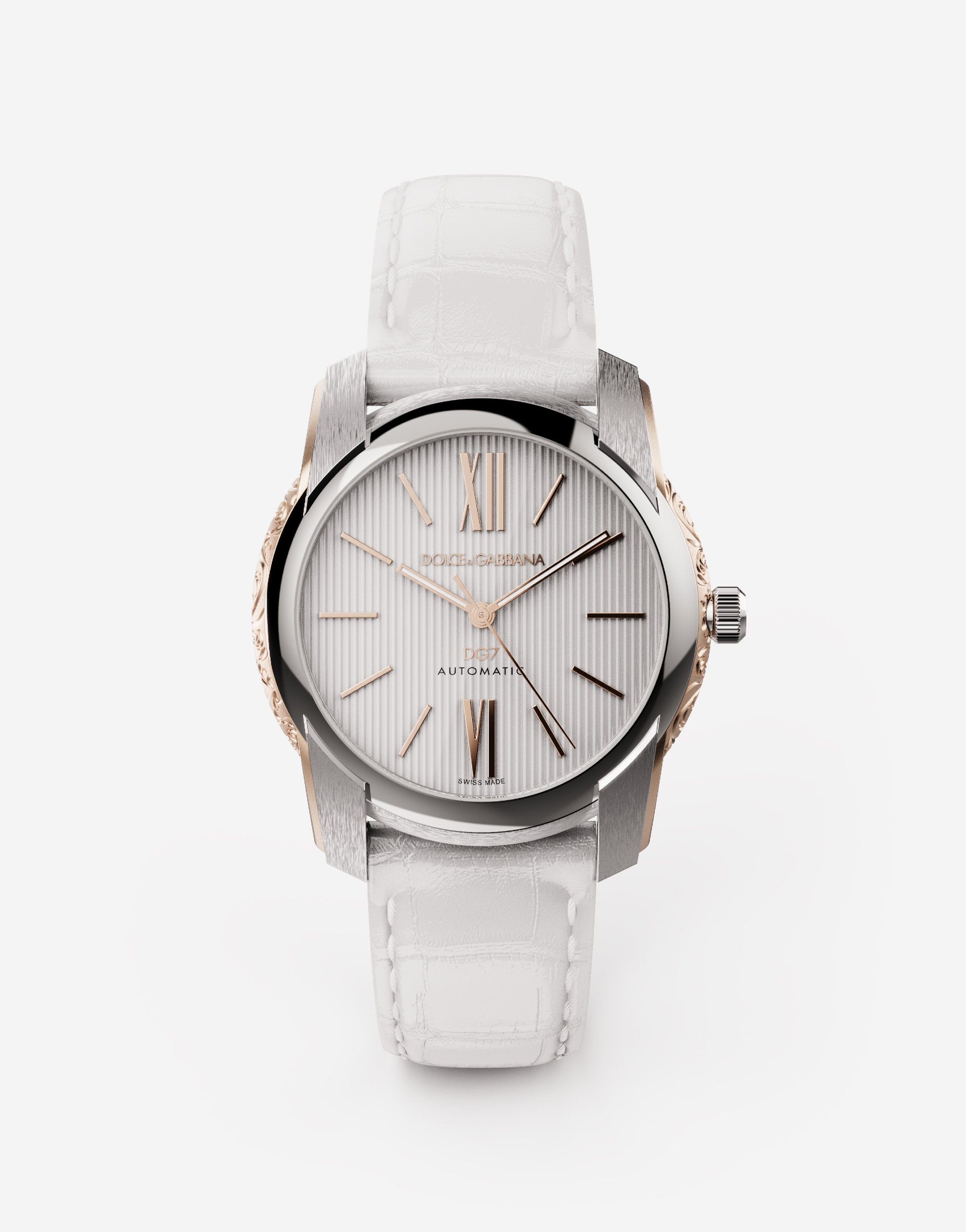 DG7 watch in steel with engraved side decoration in gold in White