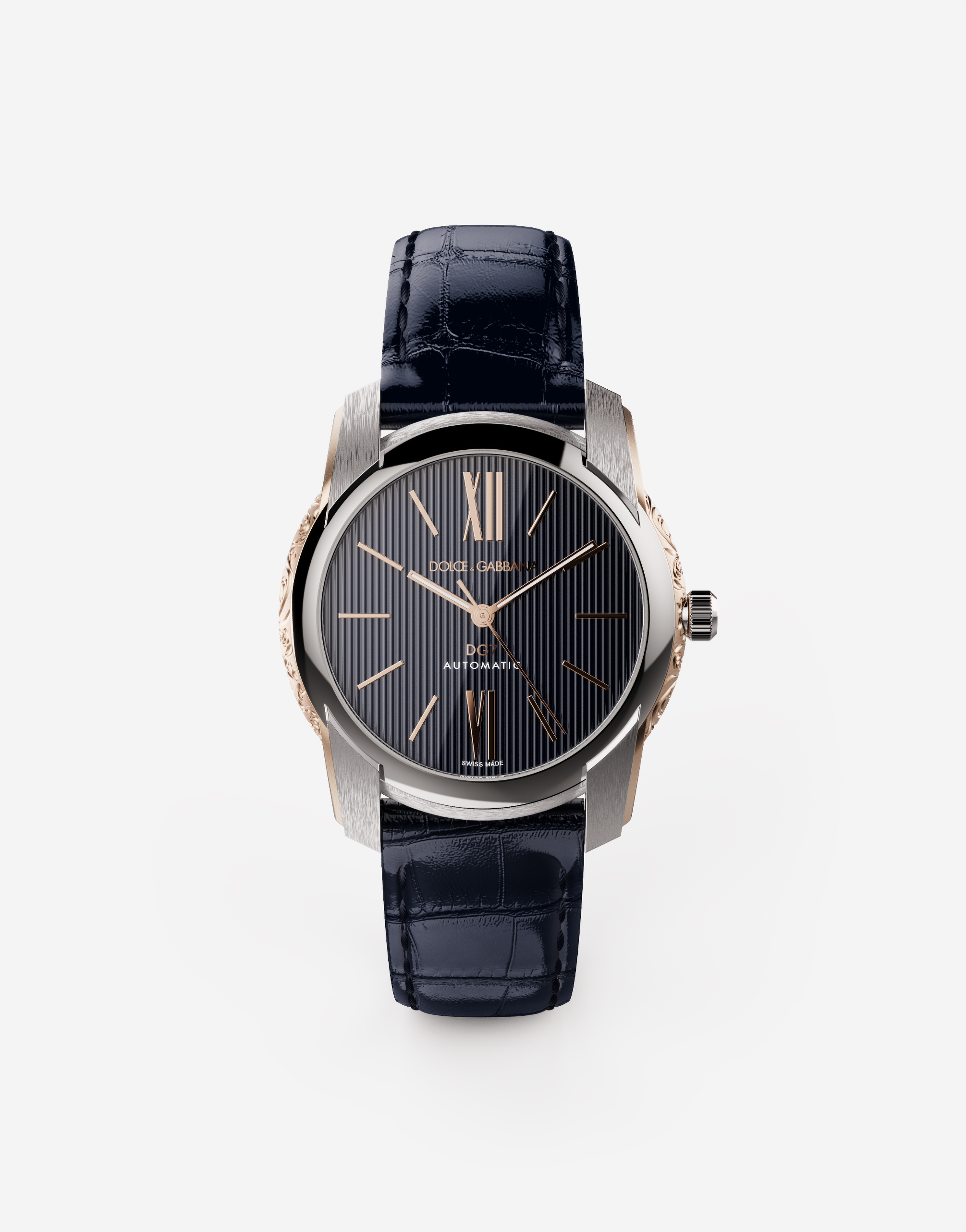 DG7 watch in steel with engraved side decoration in gold in Blue