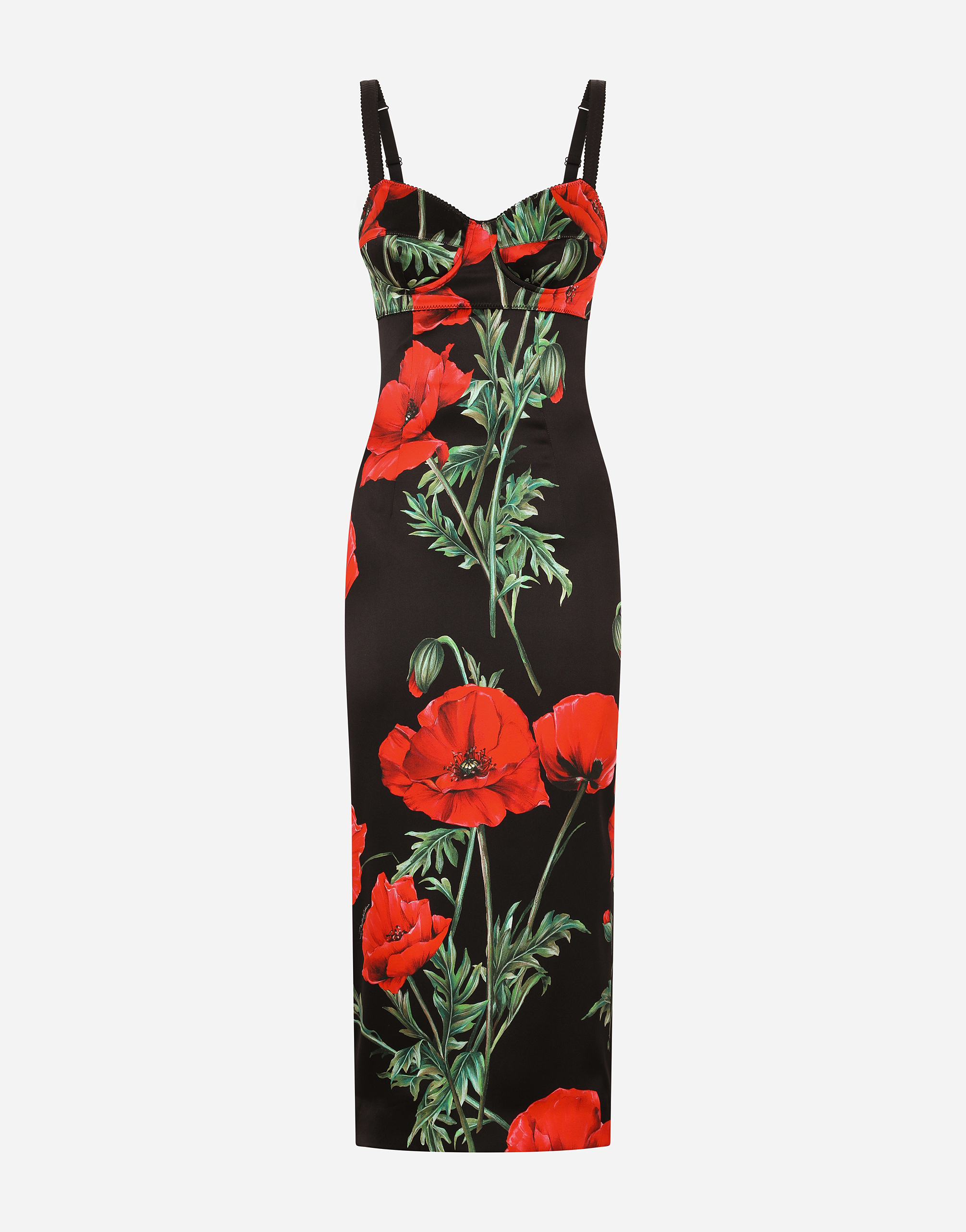 Satin calf-length corset dress with poppy print in Multicolor