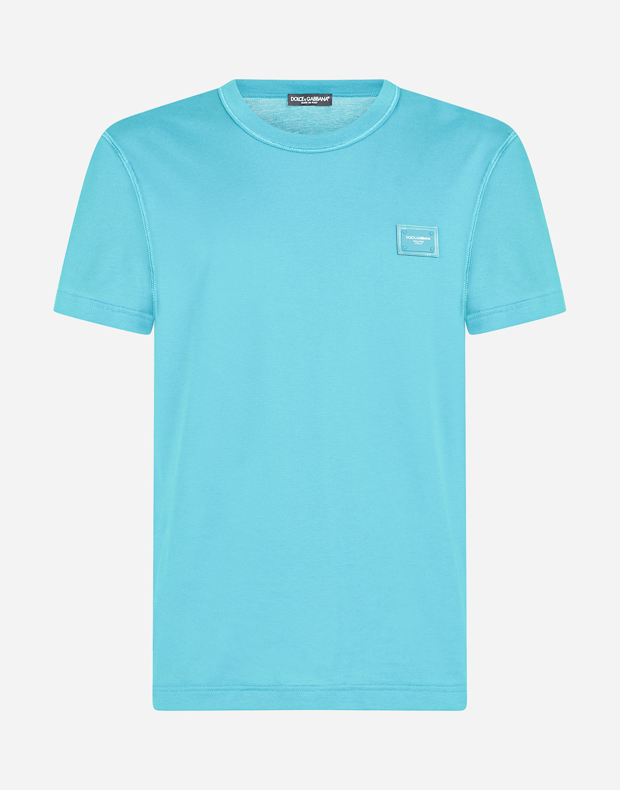 Cotton V-neck T-shirt with branded plate in Azure