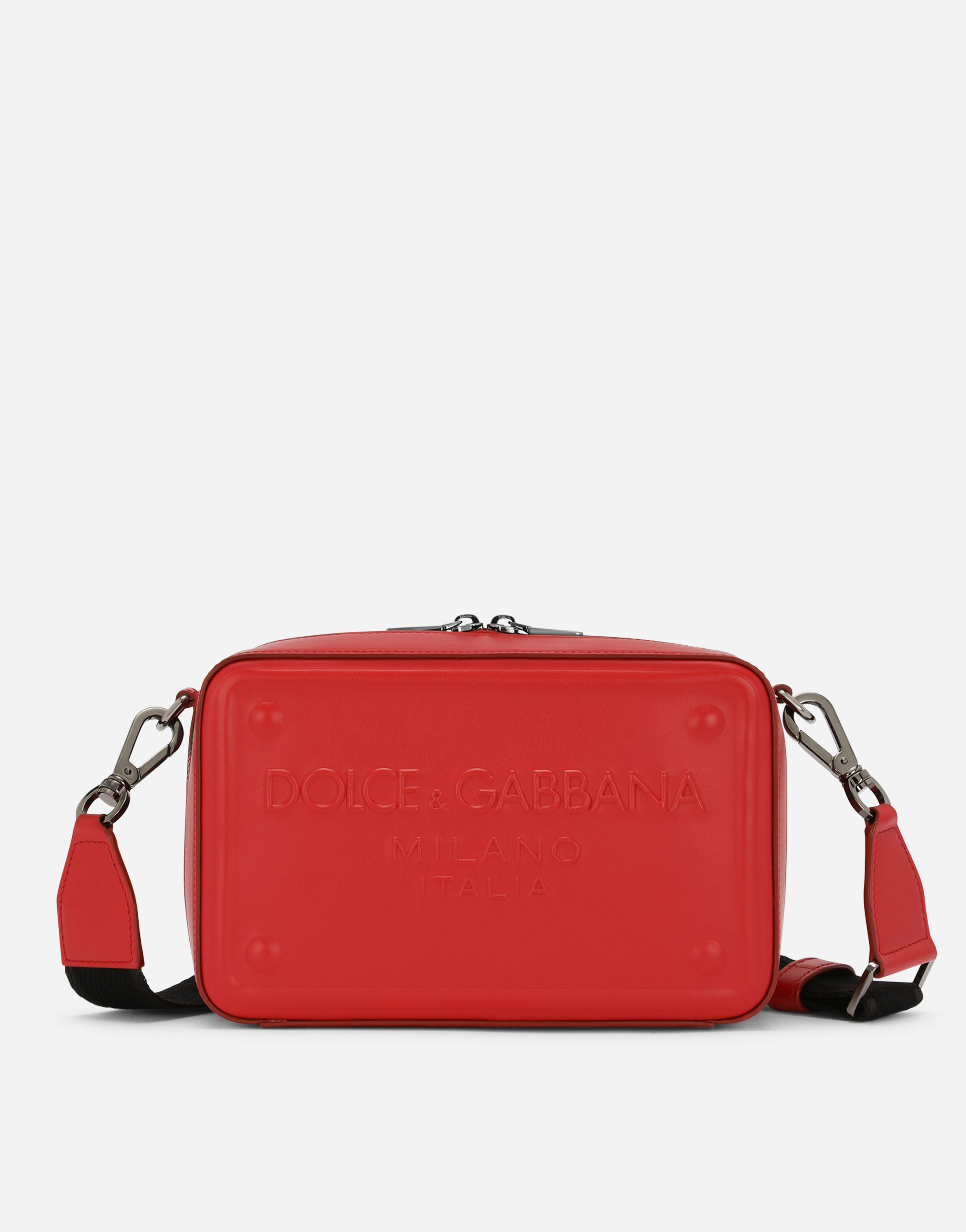 Calfskin crossbody bag with raised logo in Red