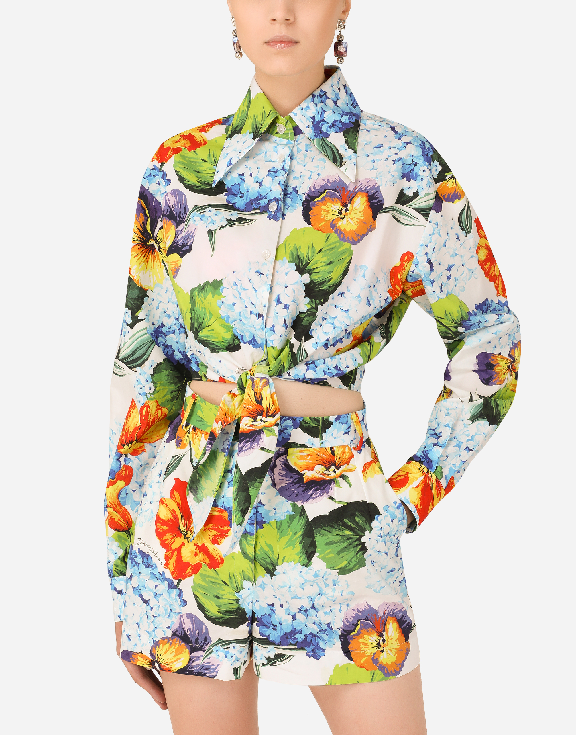 Hydrangea-print poplin shirt with tie