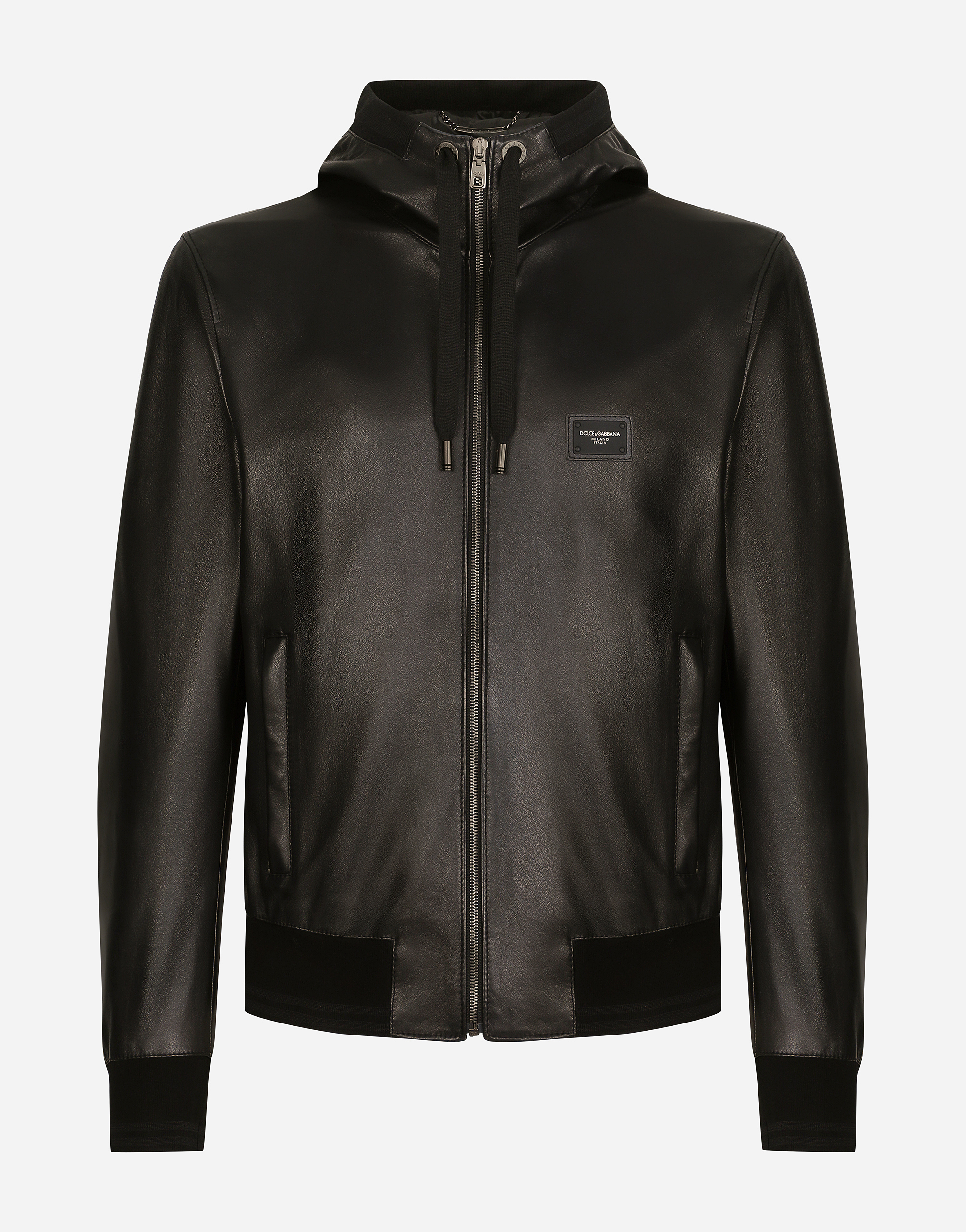 Leather jacket with hood and branded plate in Black