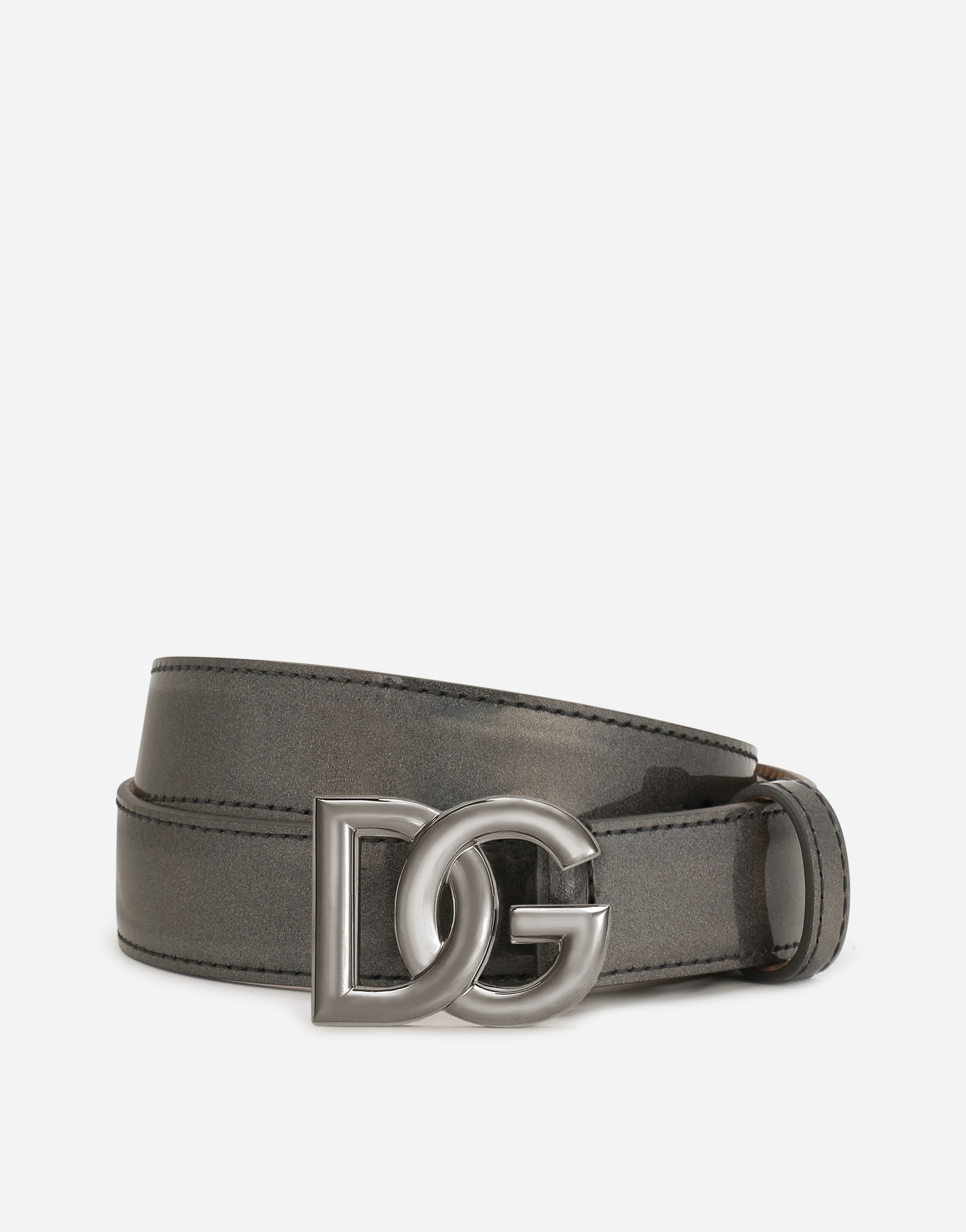 Iridescent patent leather belt in Silver