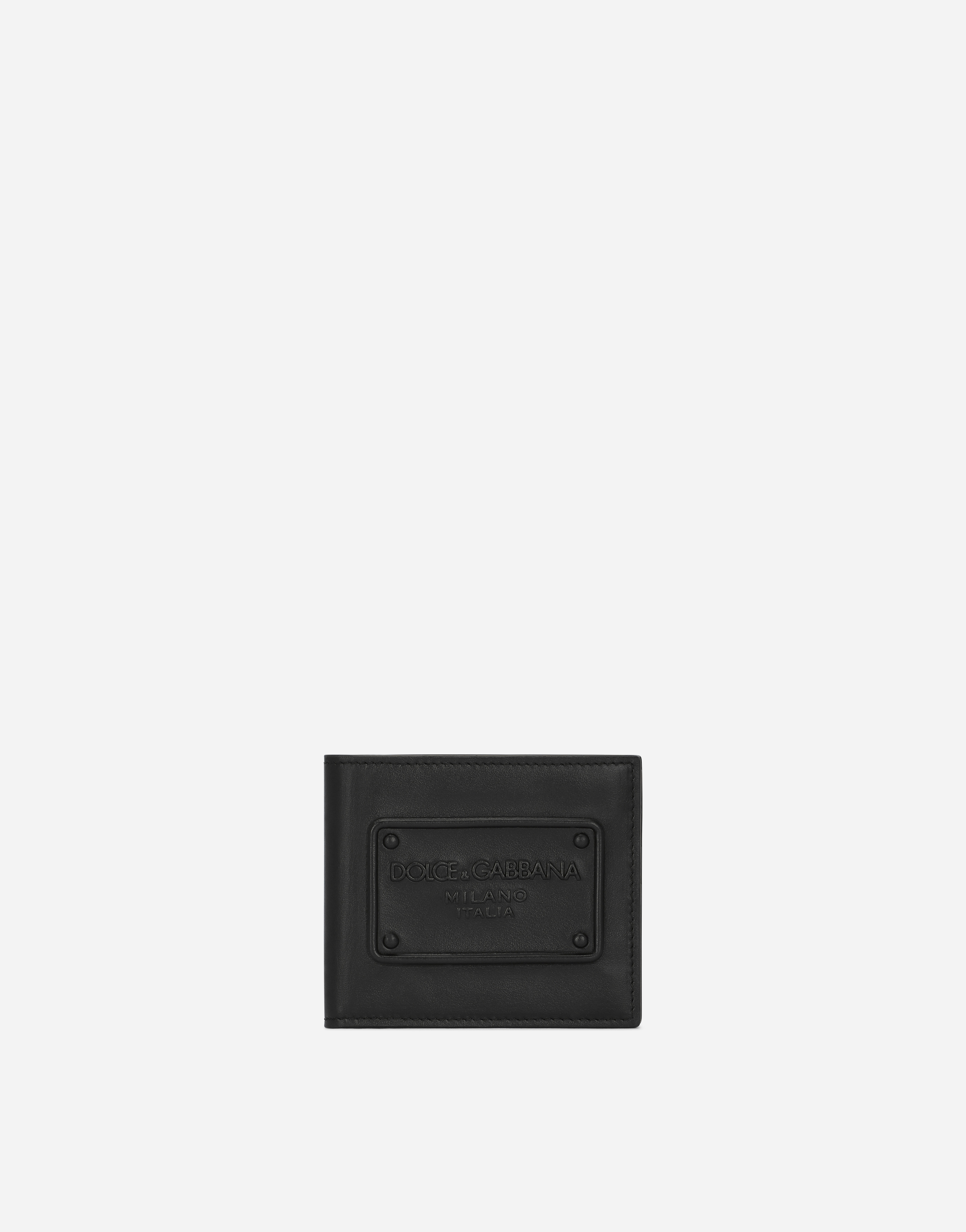 Calfskin bifold wallet with raised logo in Black