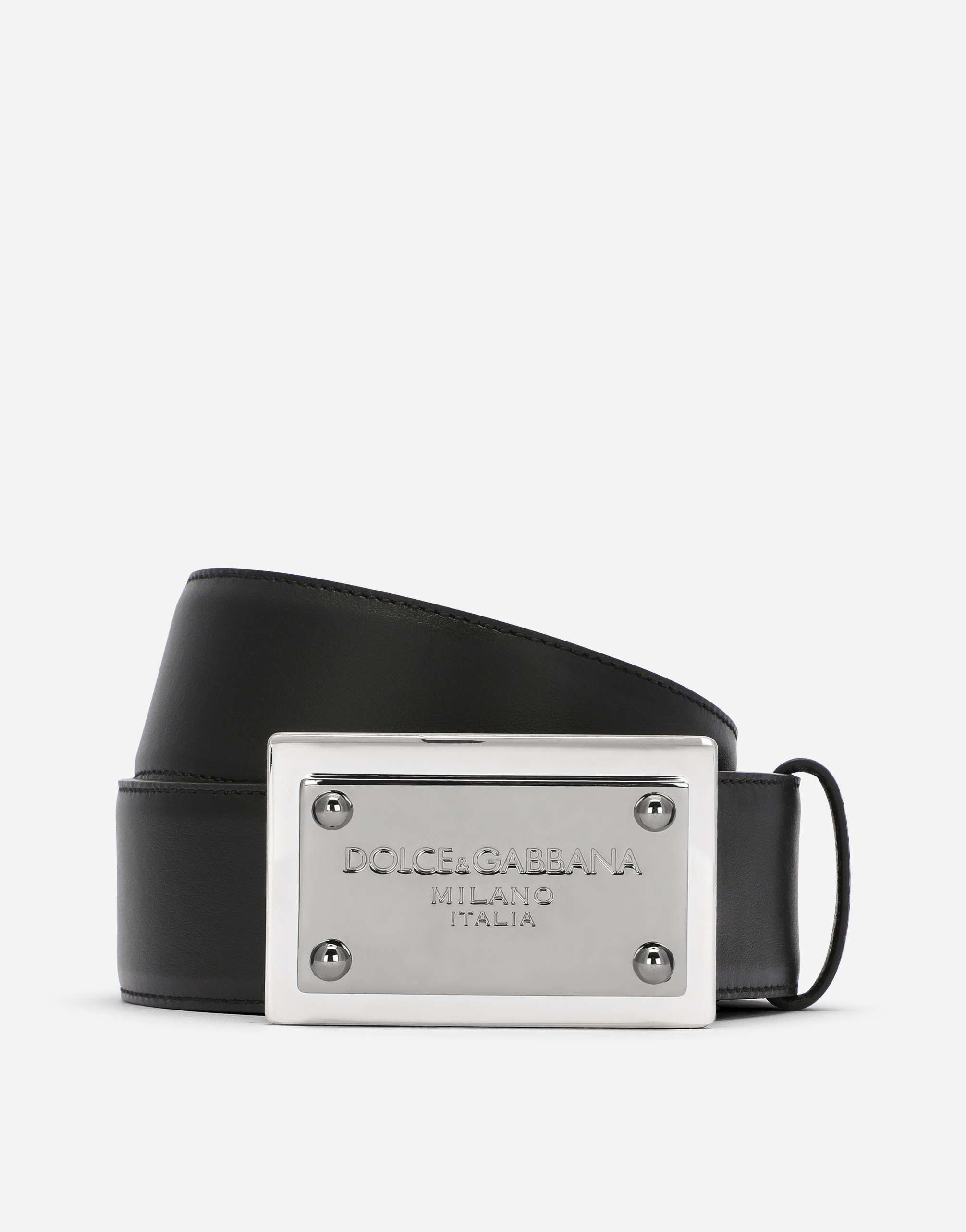 Calfskin belt with branded tag in Black
