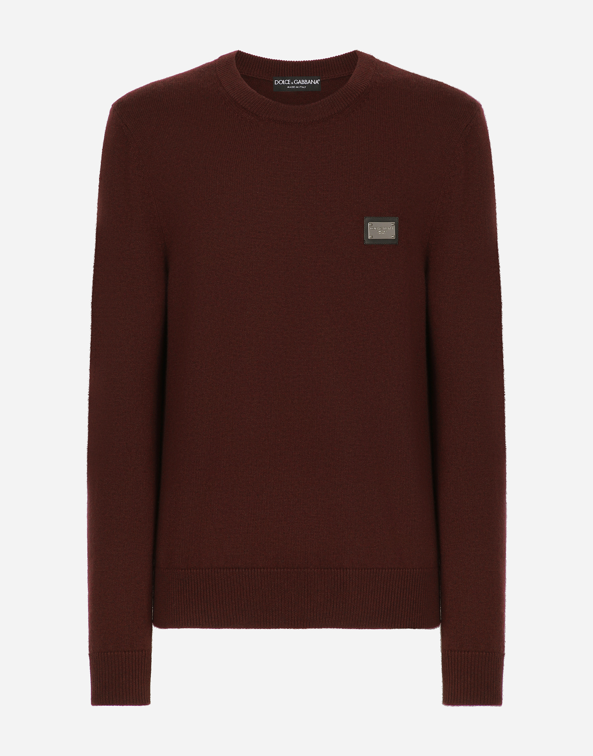 Wool round-neck sweater with branded tag in Bordeaux