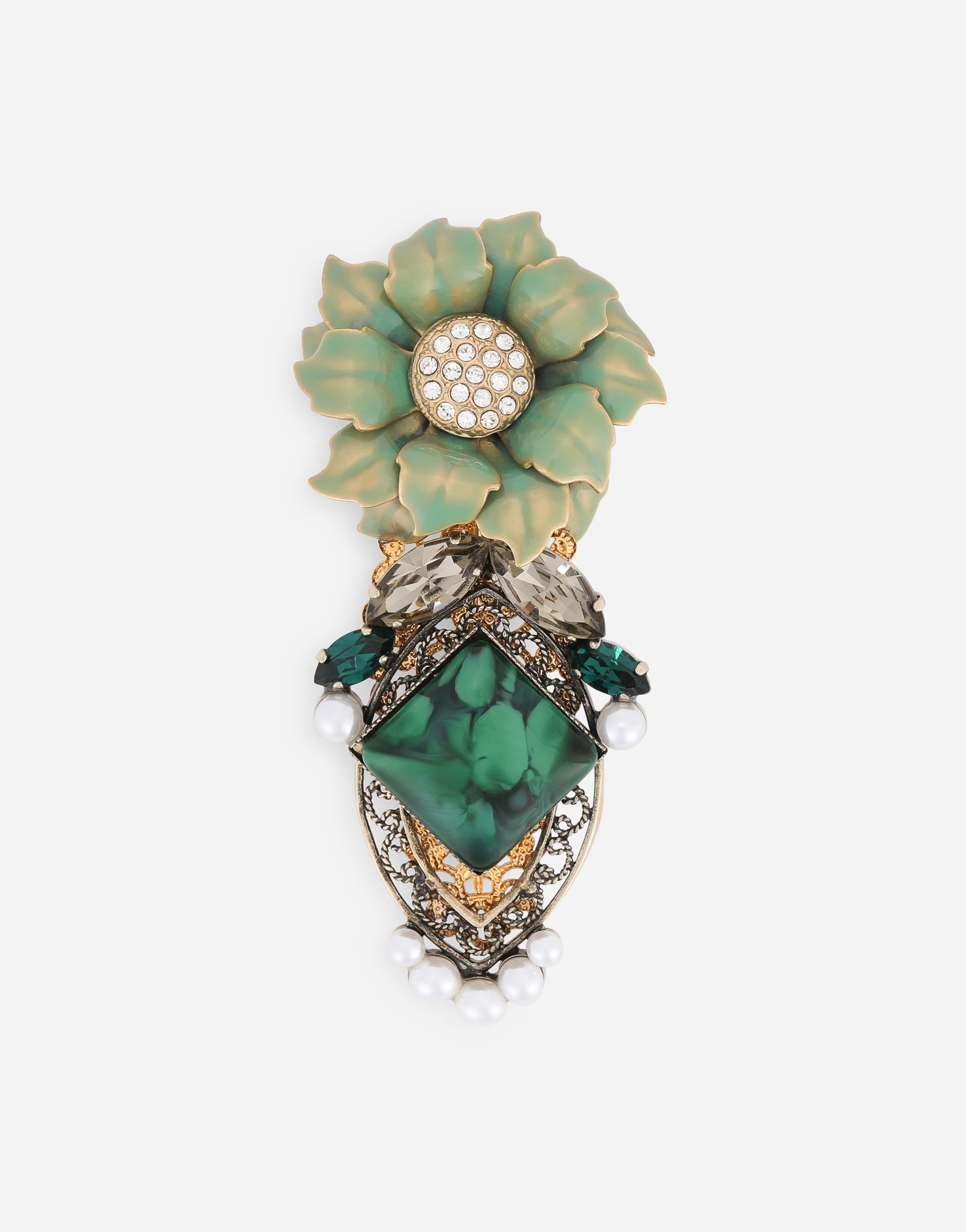 Brooch with enameled flower and rhinestones in Multicolor