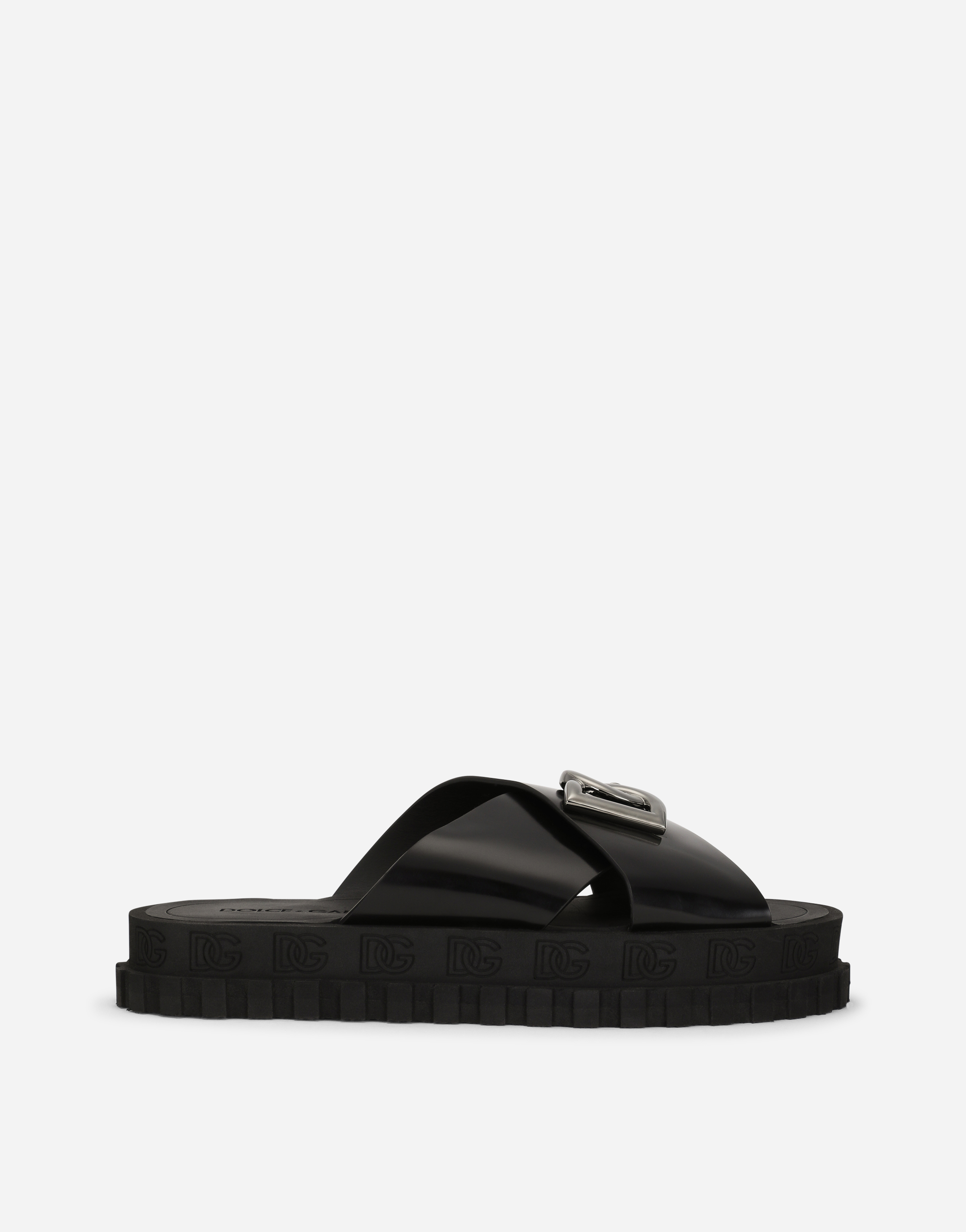 Crossover-strap slides in brushed calfskin with maxi-logo in Black