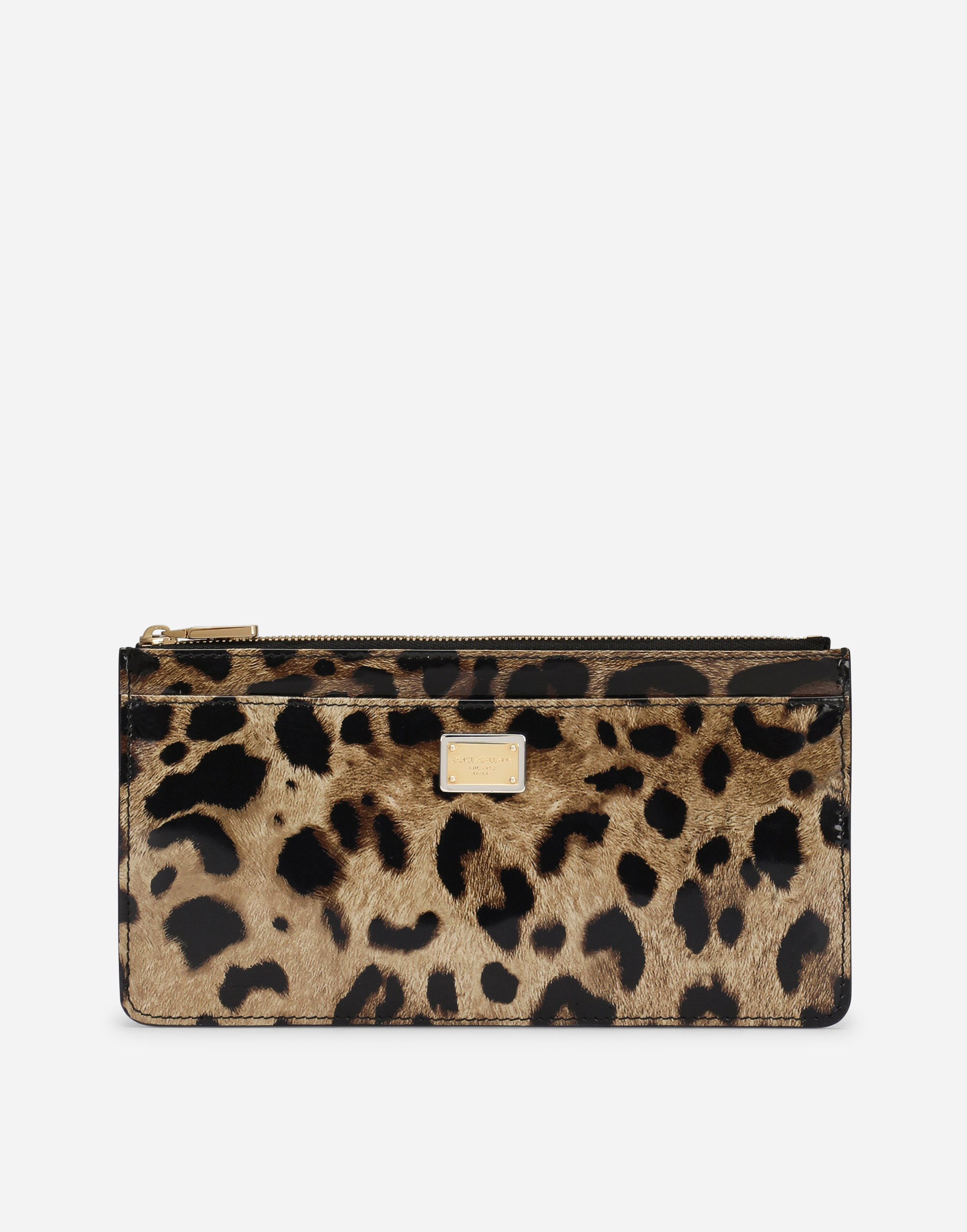 Large polished calfskin card holder with zipper and leopard print in Animal Print