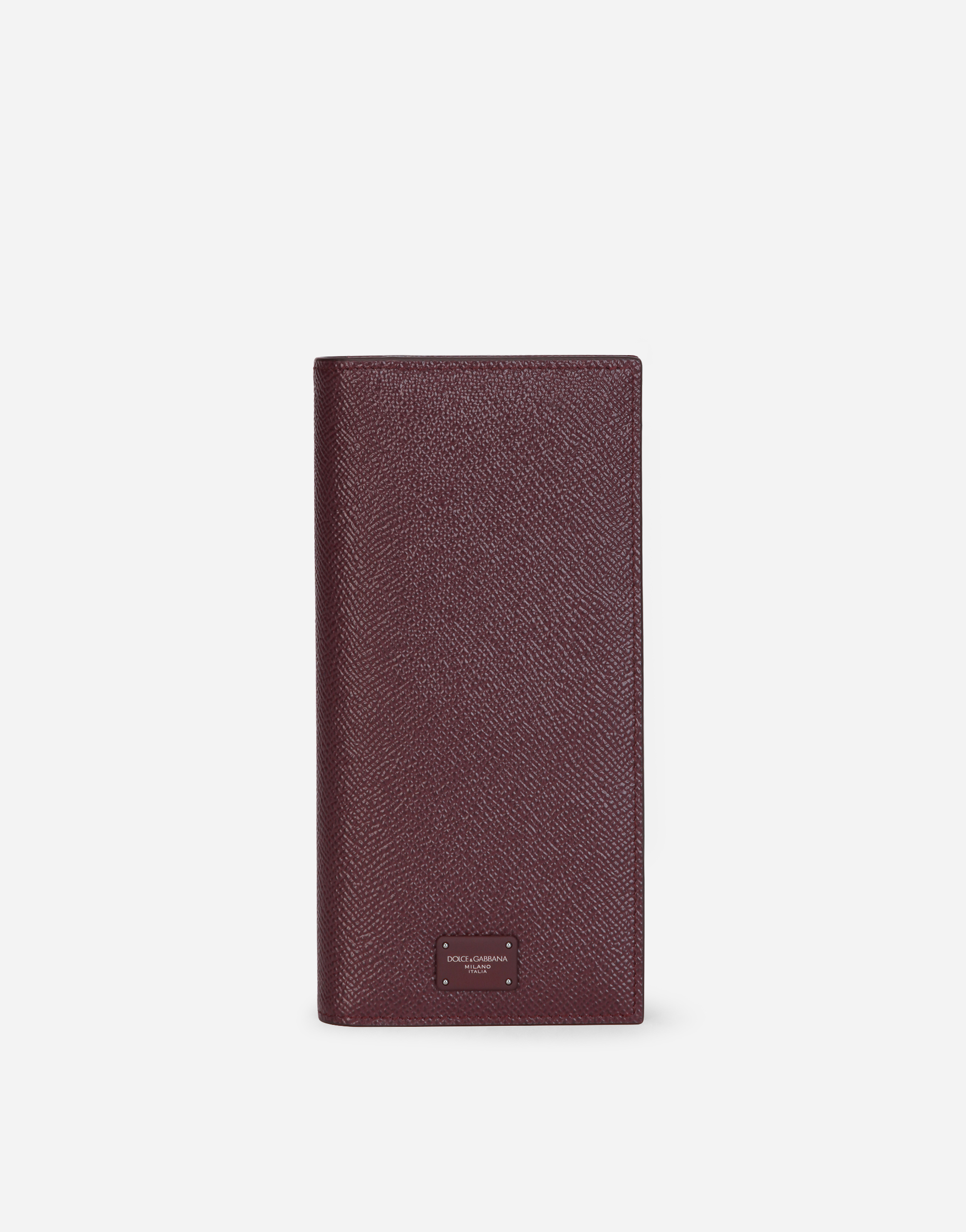Dauphine calfskin verticle wallet with branded tag in Bordeaux