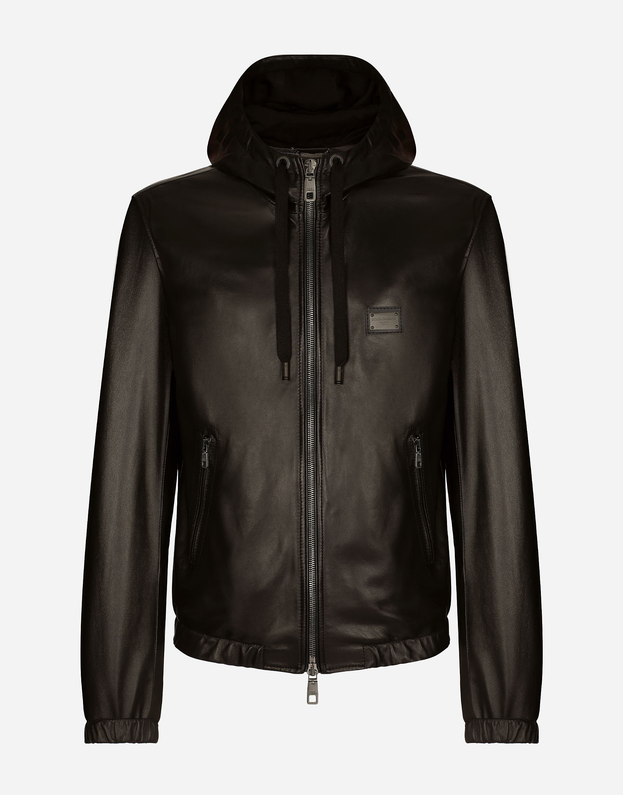Leather jacket with hood and branded tag in Black