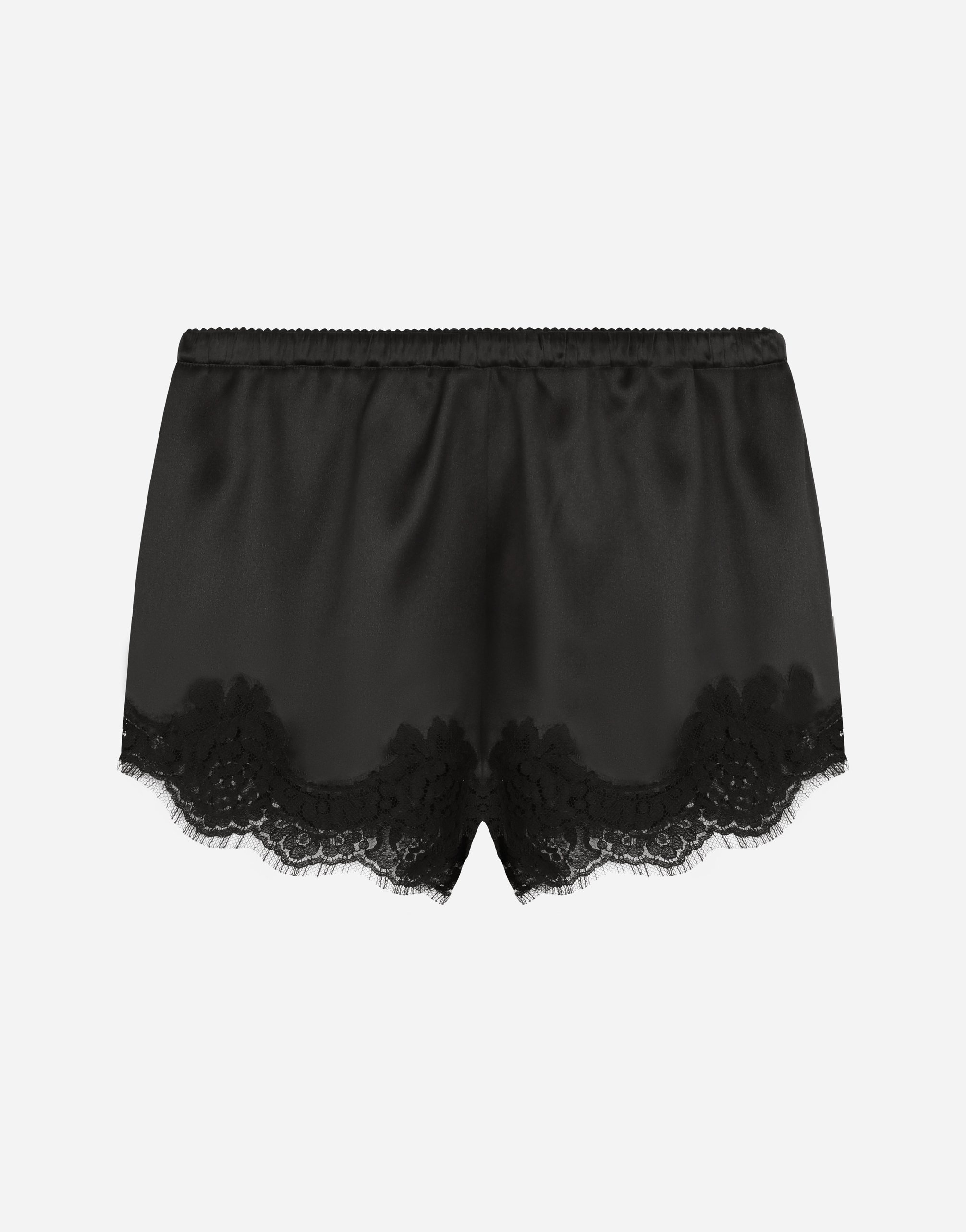 Satin lingerie shorts with lace detailing in Black