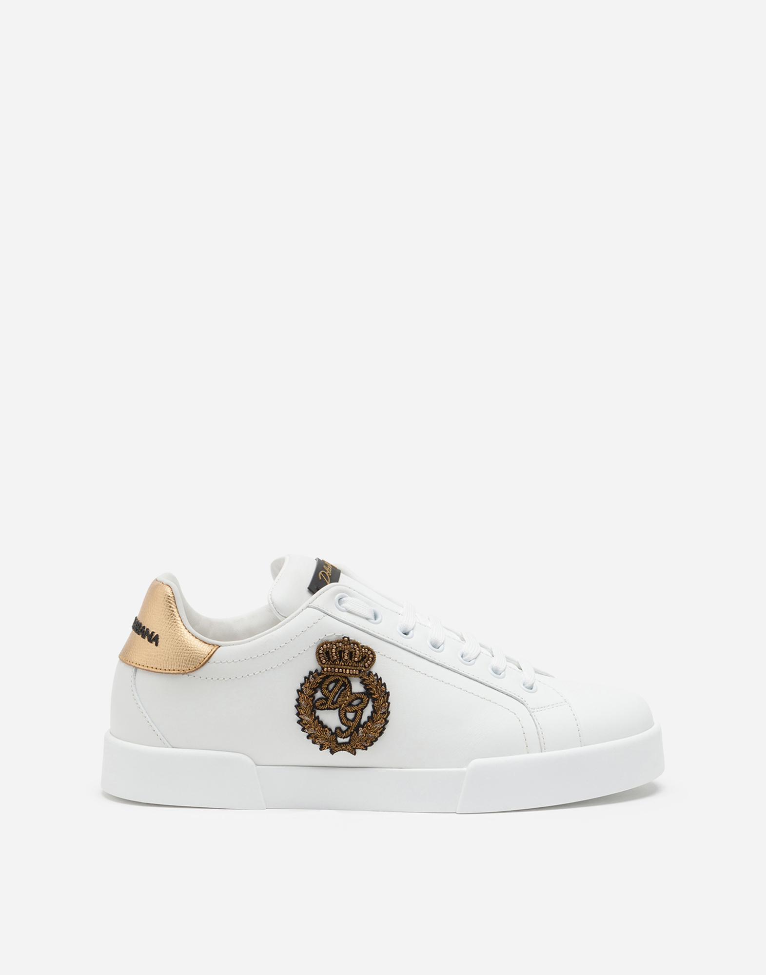 Calfskin nappa Portofino sneakers with crown patch in White/Gold