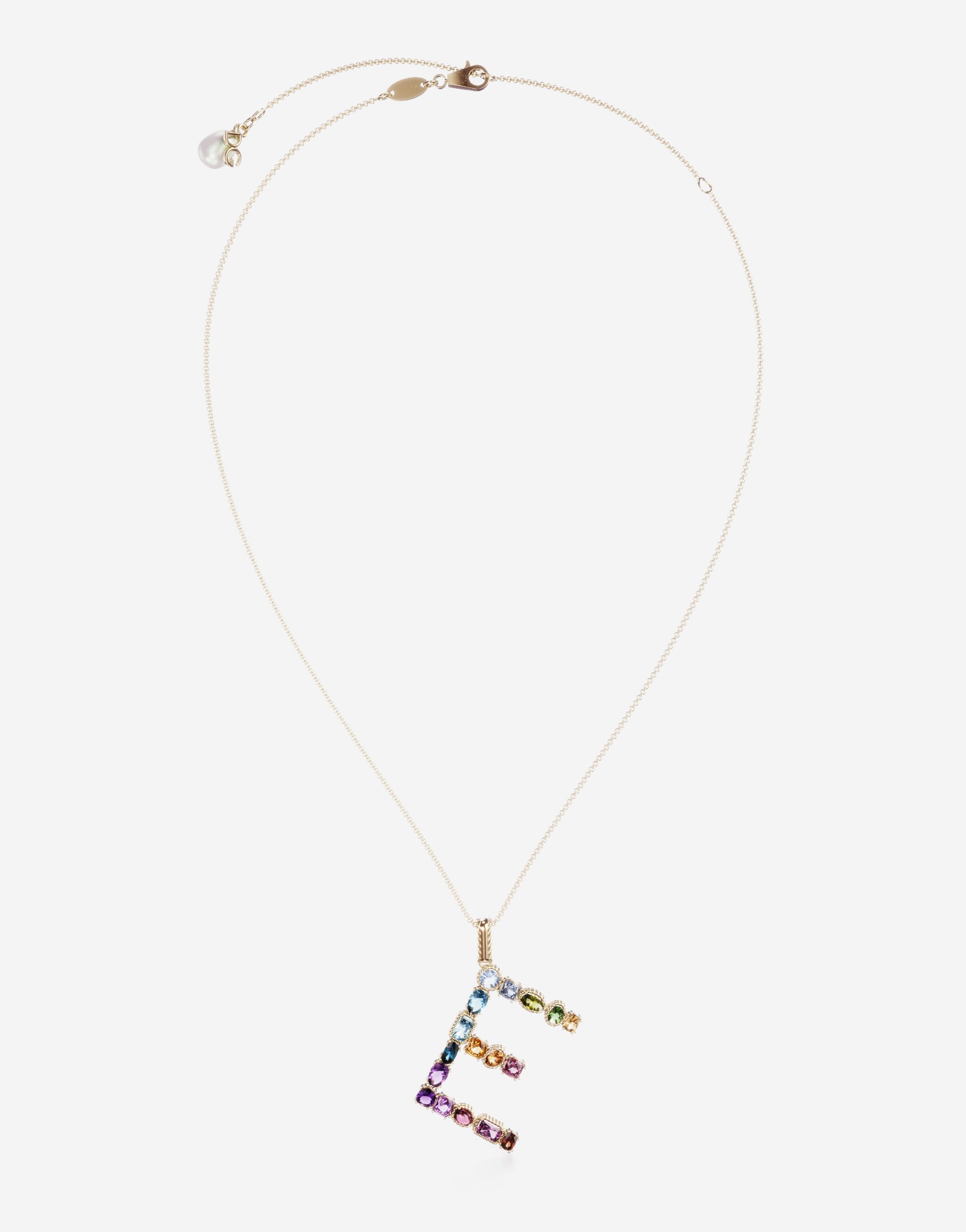 Rainbow alphabet E pendant in yellow gold with multicolor fine gems in Gold