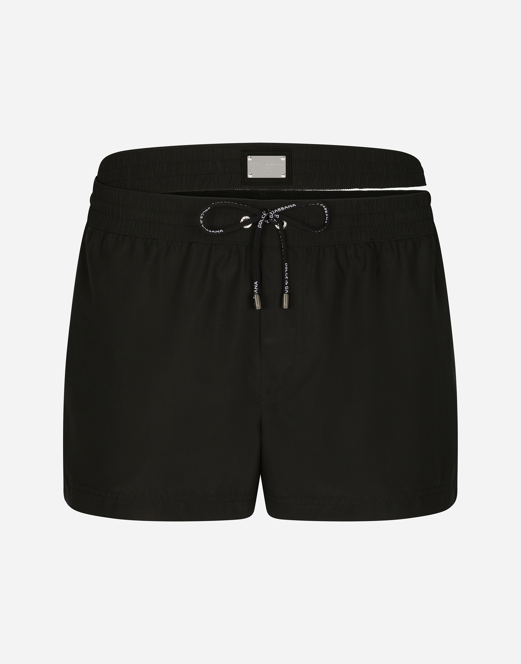 Short swim trunks with double waistband and branded tag in Black