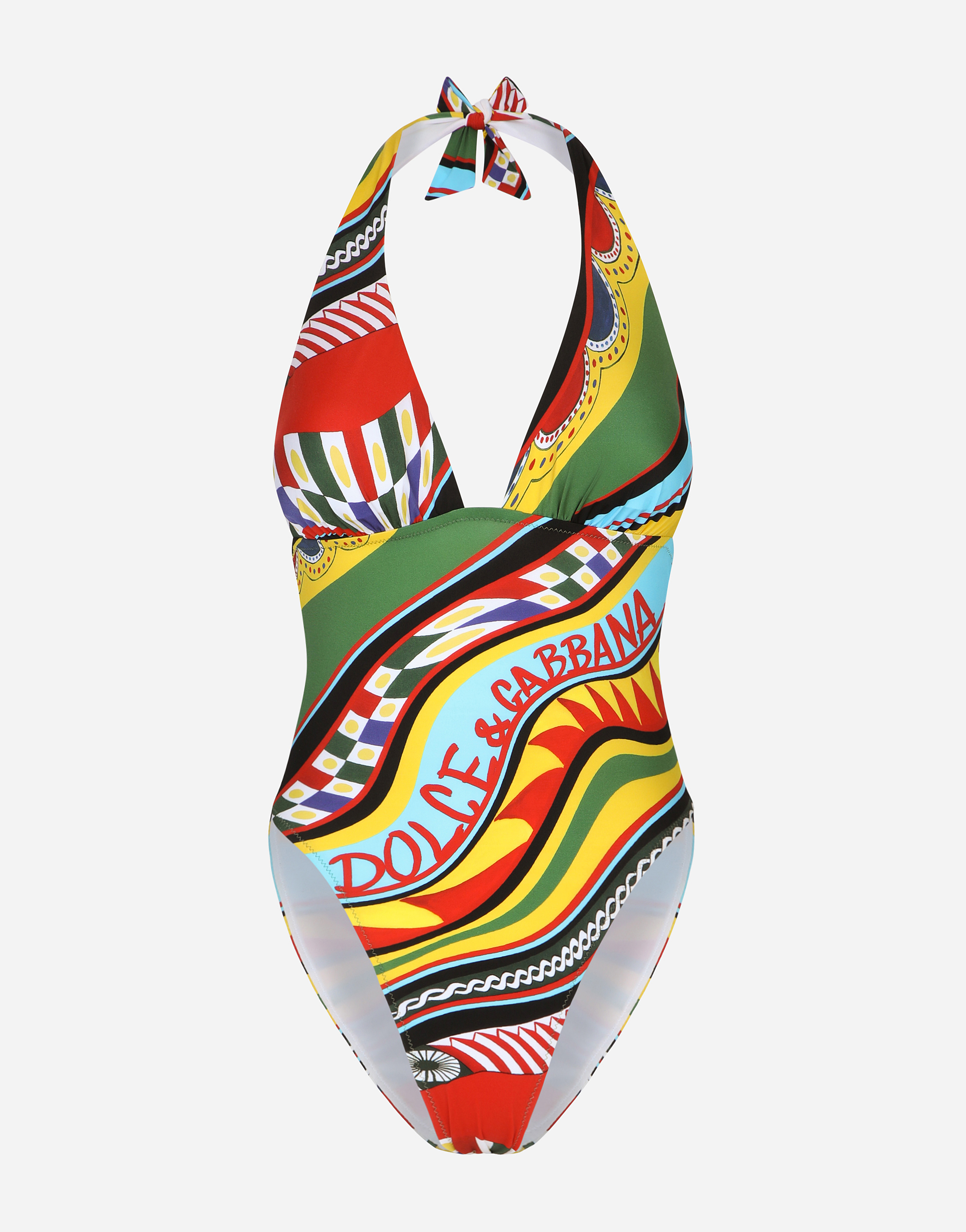 Carretto-print one-piece swimsuit with plunging neckline in Multicolor