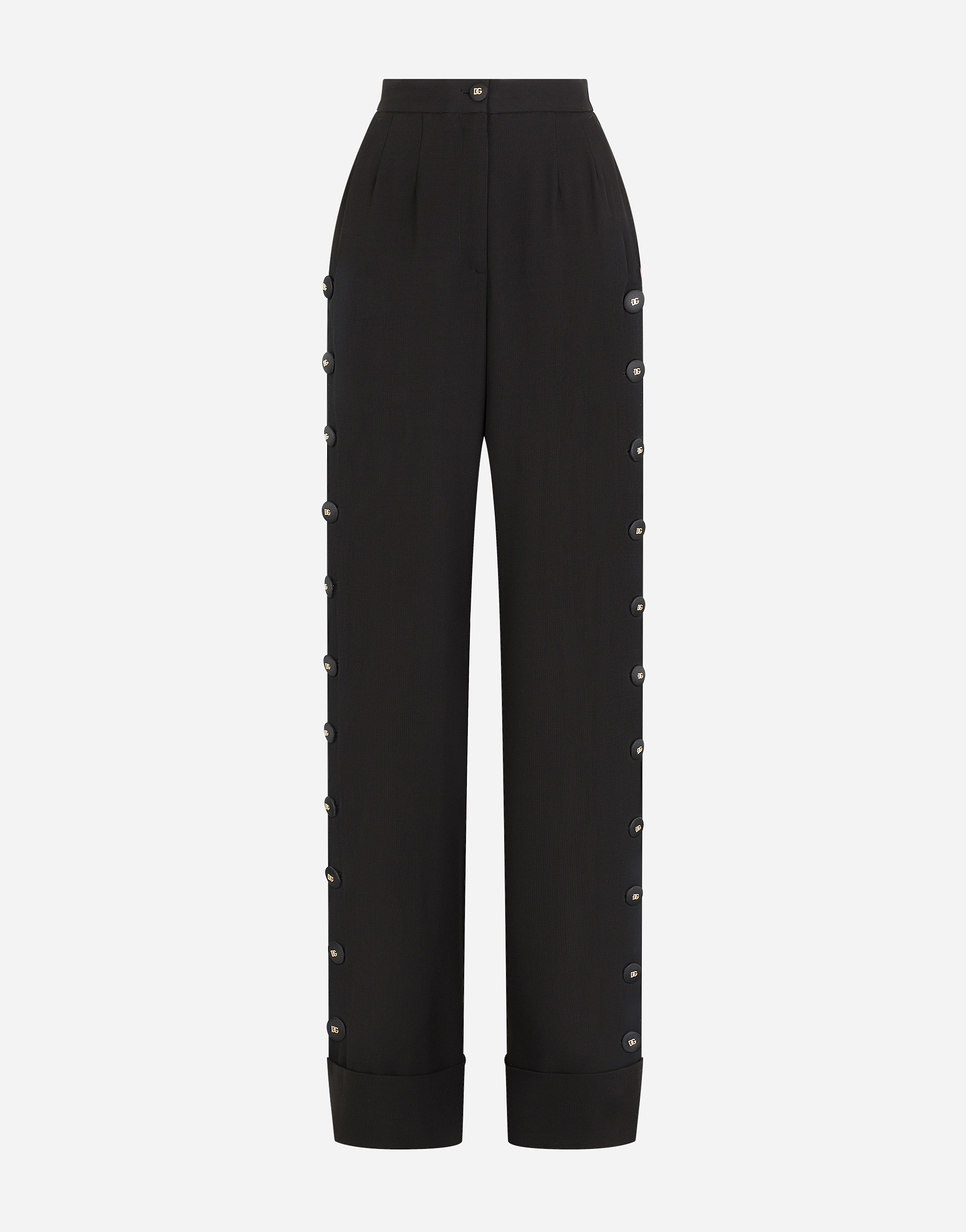 Piqué palazzo pants with buttons and turn-ups in Black