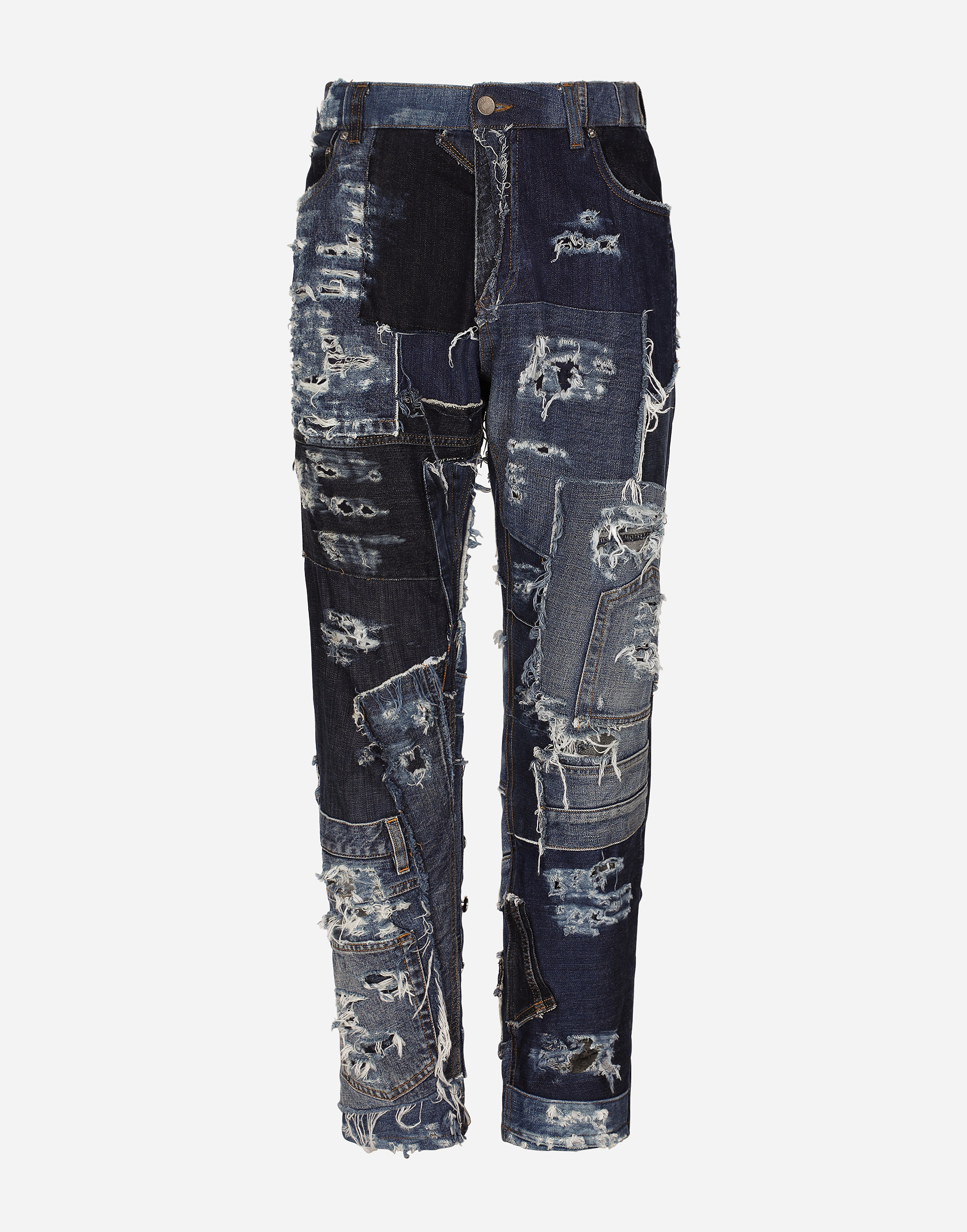 Loose patchwork denim jeans with rips in Multicolor