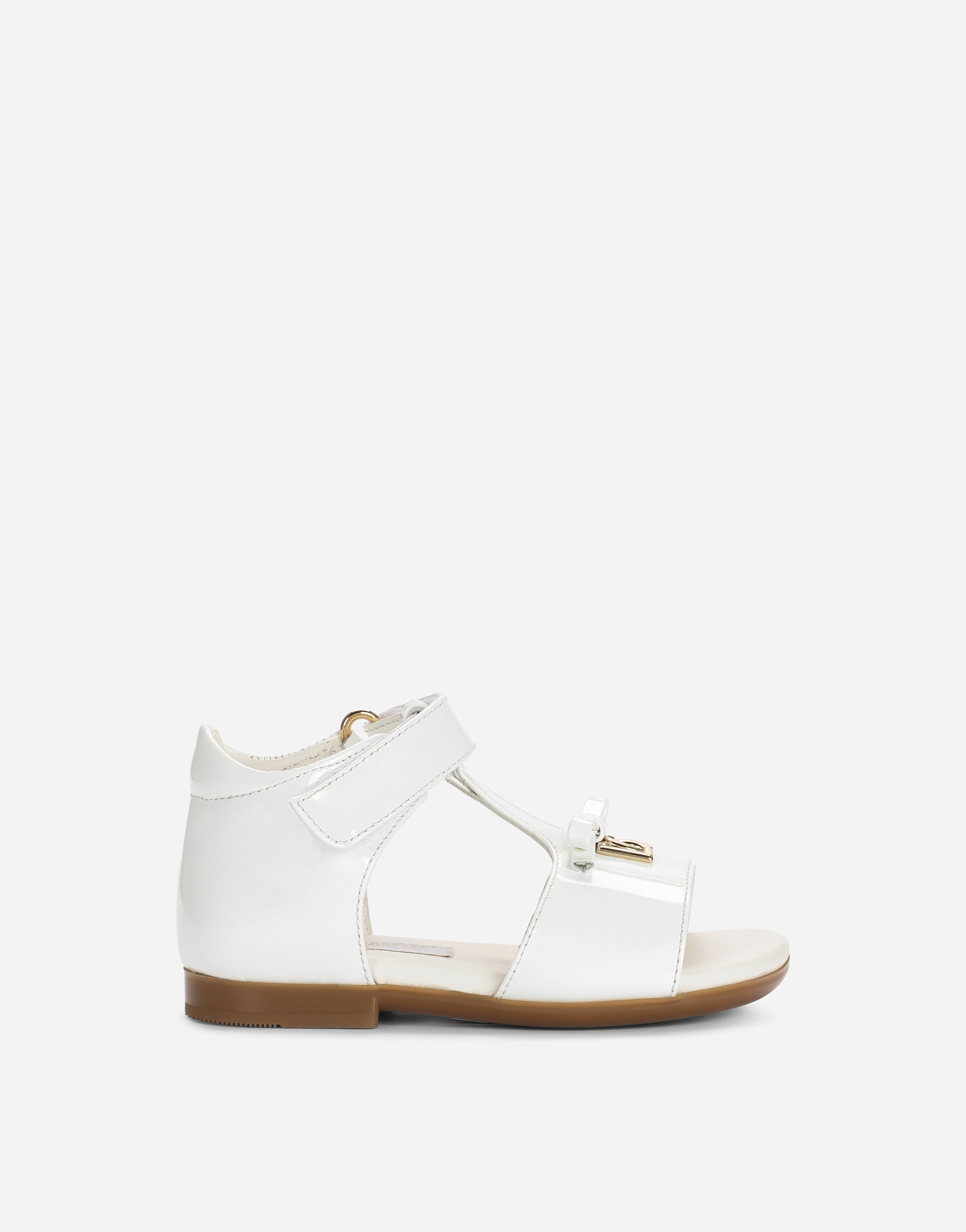 Patent leather first steps sandals with metal DG logo in White