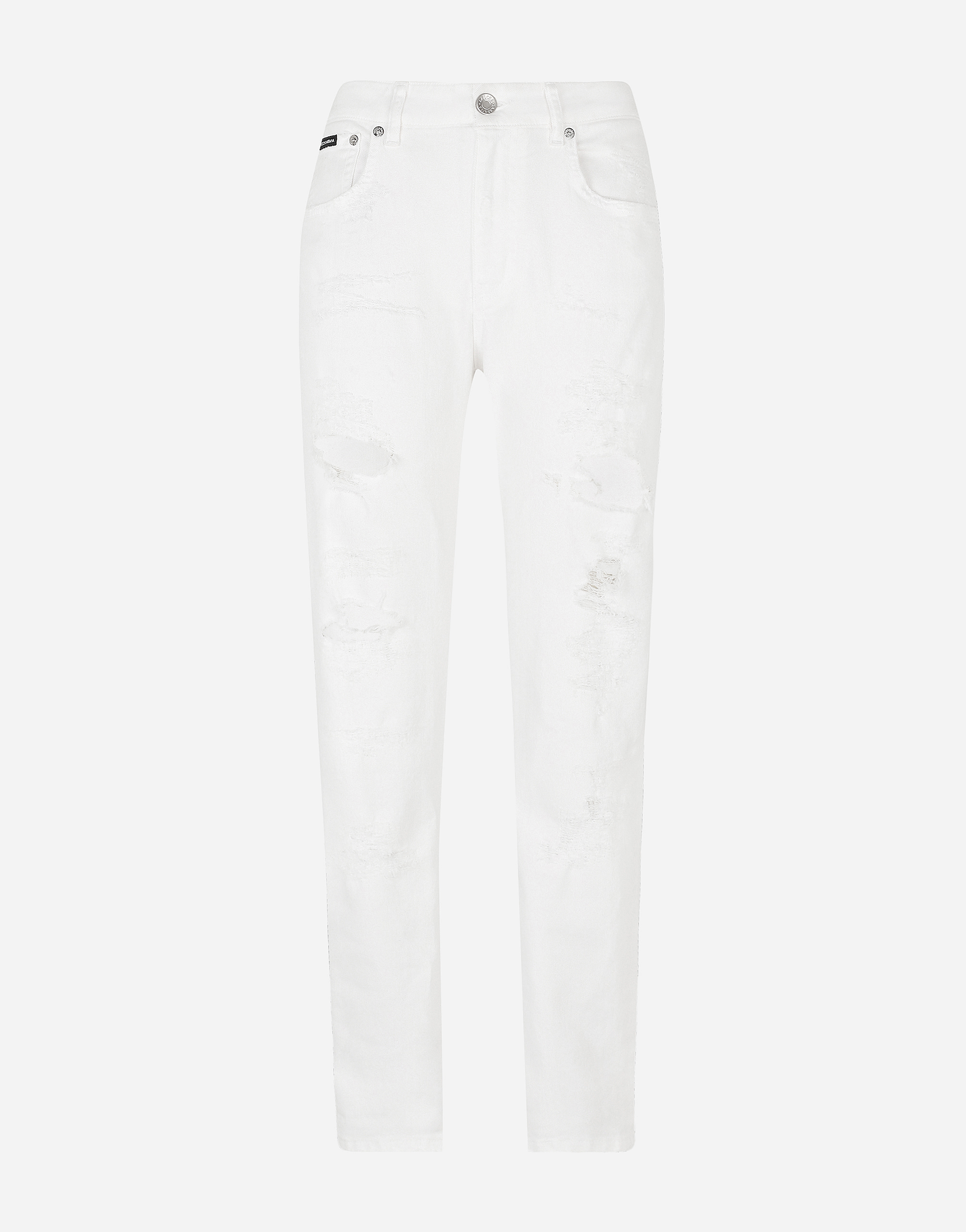White denim boyfriend jeans with rips in White