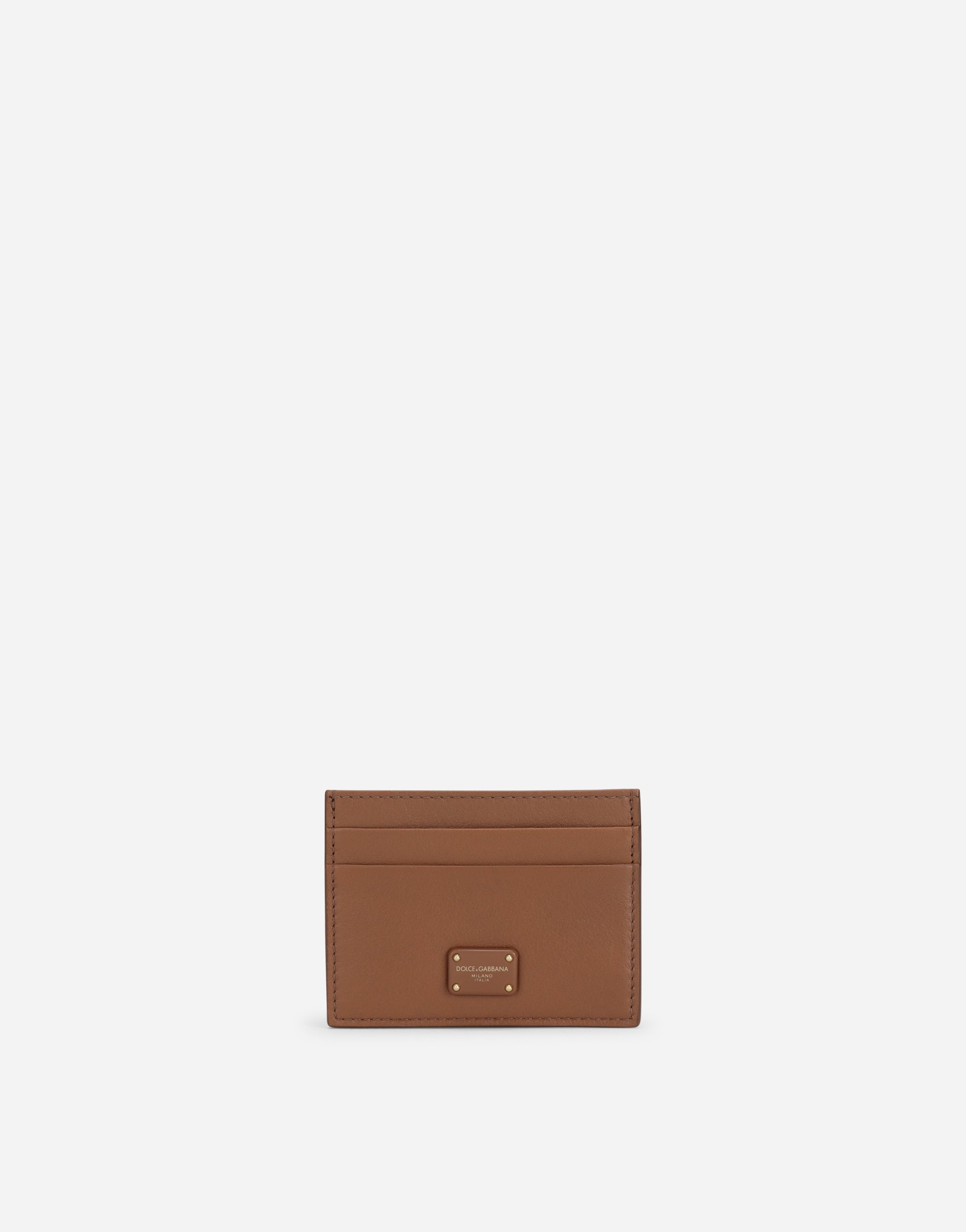 Calfskin card holder with branded plate in Brown