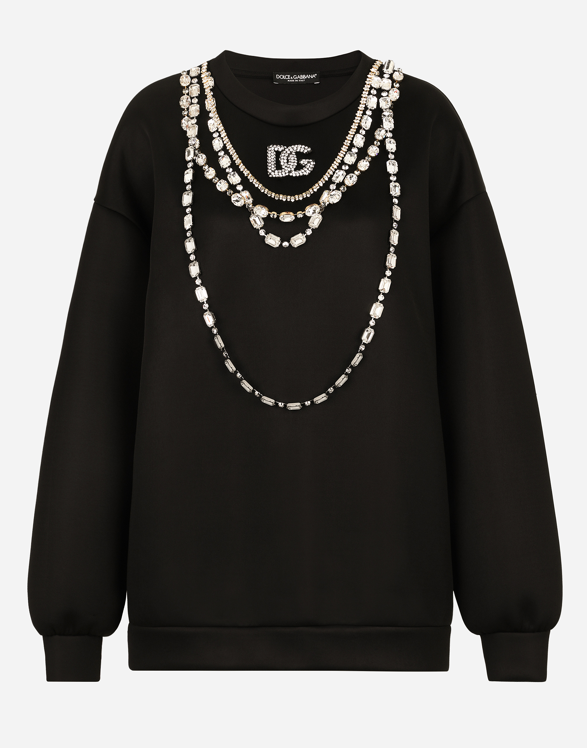 Jersey sweatshirt with necklace and crystal-embellished DG logo in Black