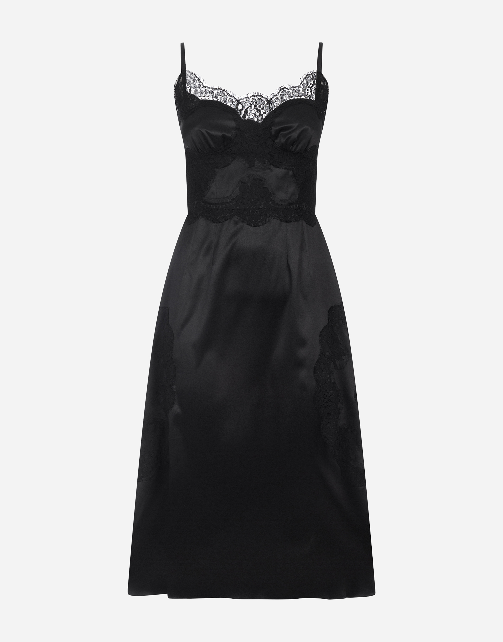 Satin and lace calf-length slip dress in Black