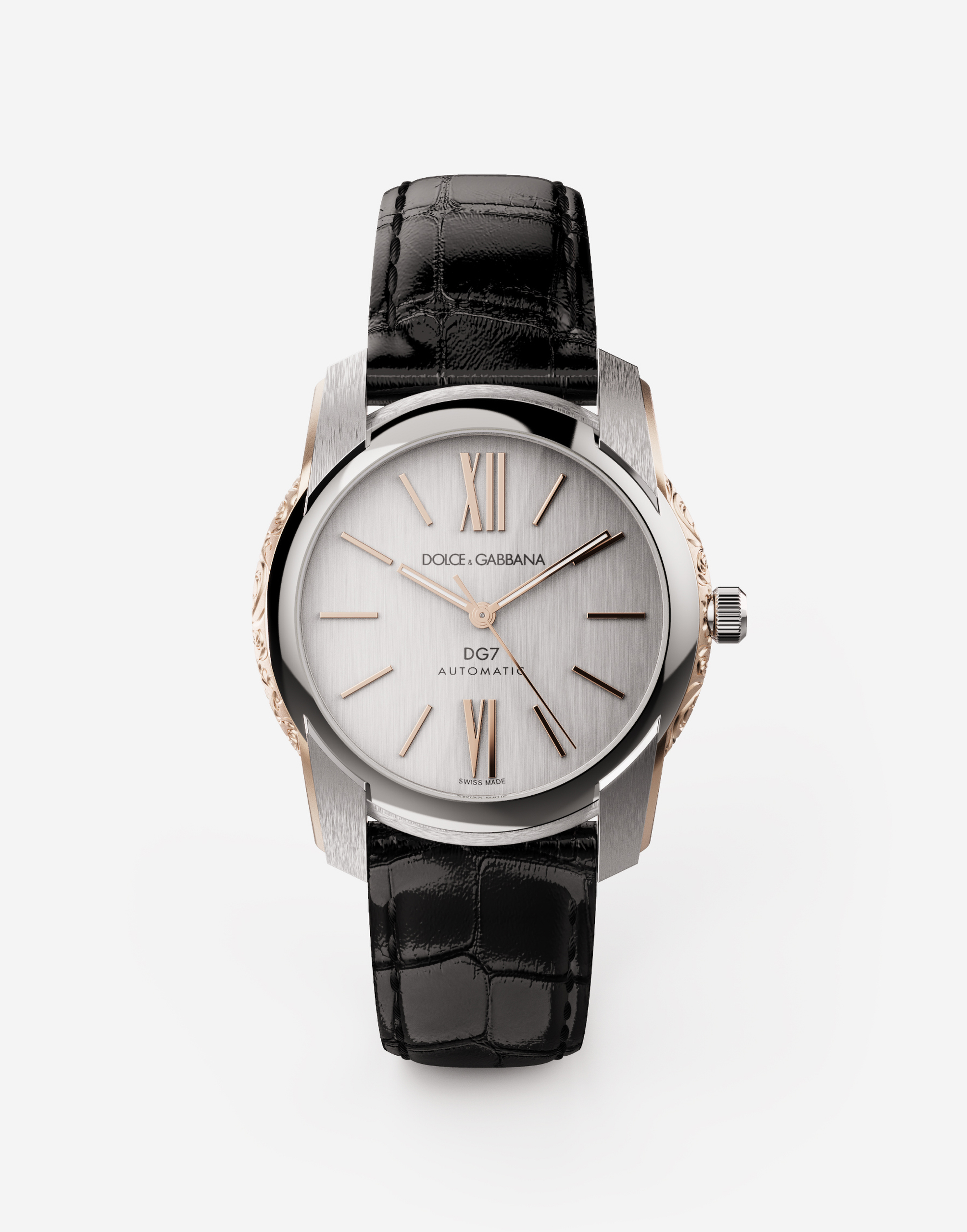 DG7 watch in steel with engraved side decoration in gold in Silver/Black
