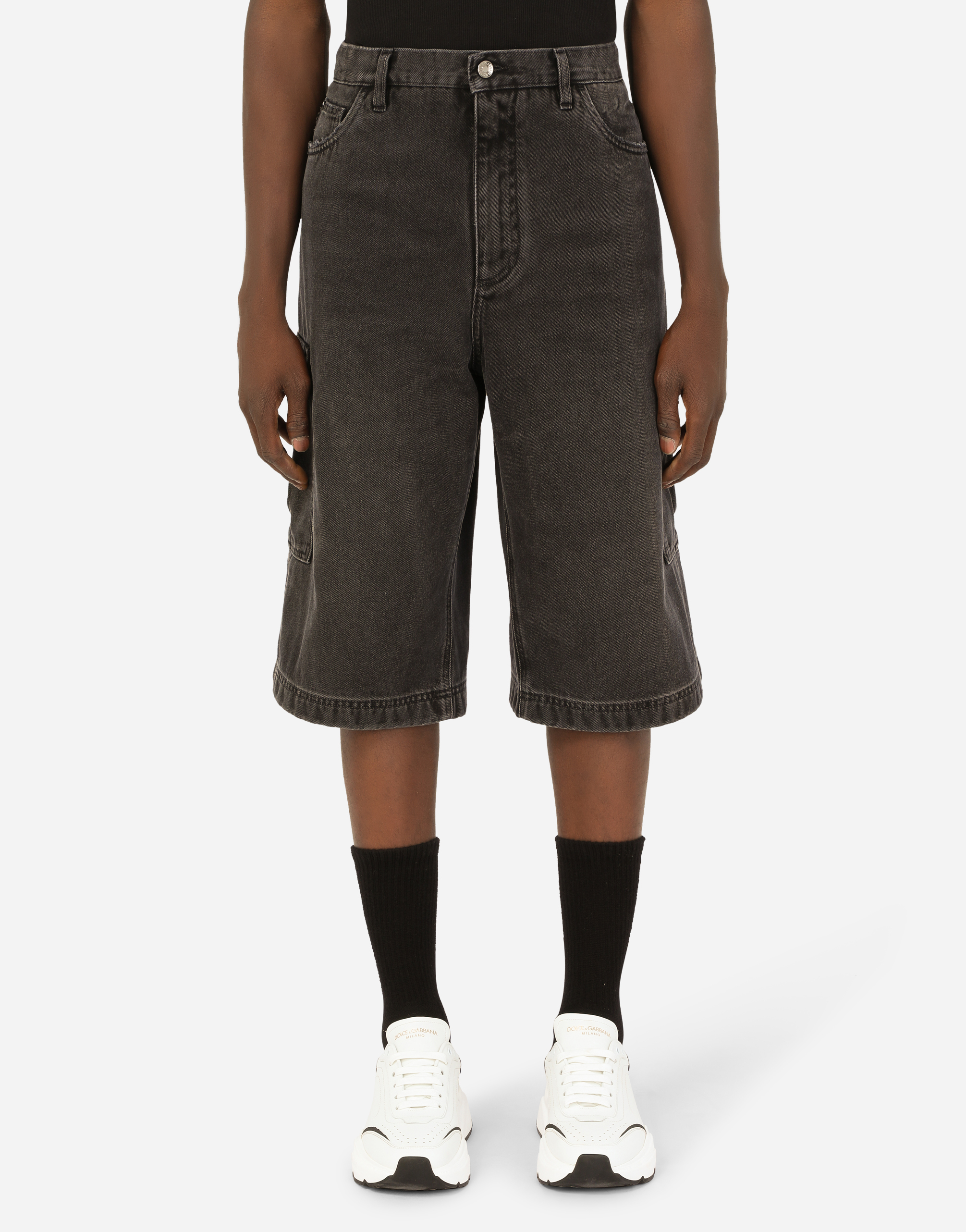 Dolce & Gabbana Washed Black Cargo Shorts In Multicolor