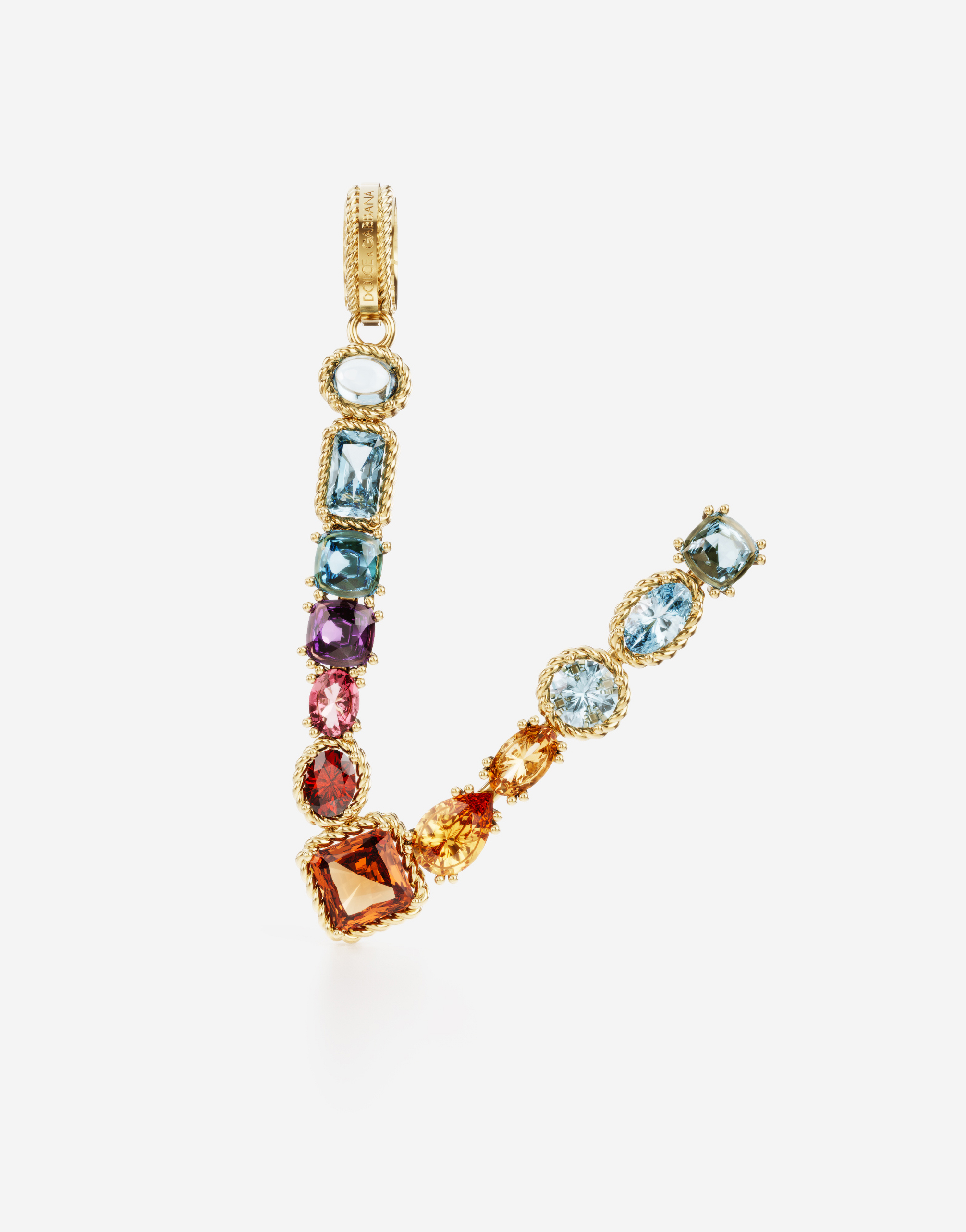 Rainbow alphabet V 18 kt yellow gold charm with multicolor fine gems in Gold