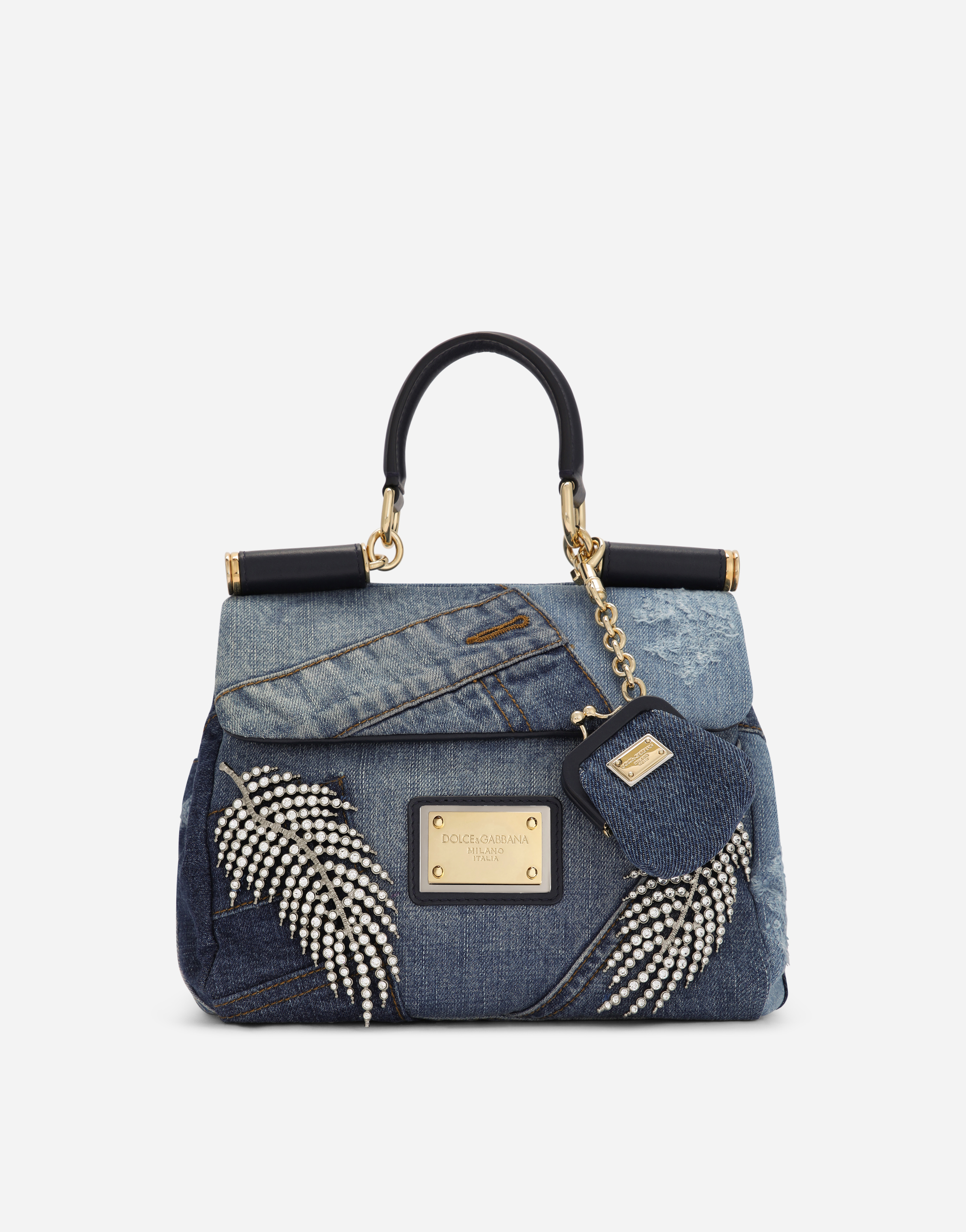 Small patchwork denim Sicily soft bag with embroidery in Denim