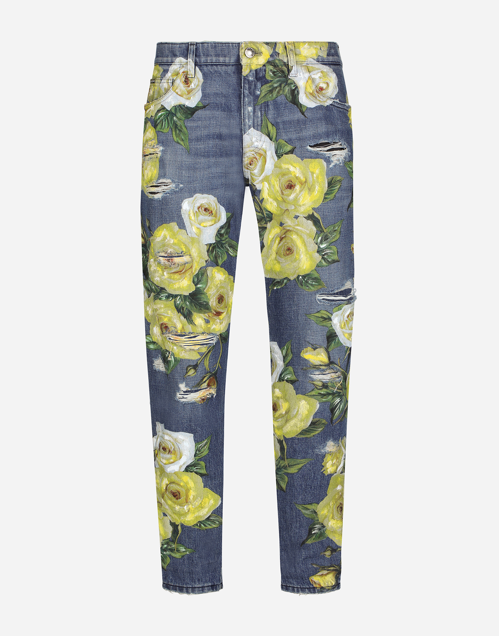 Loose blue denim jeans with all-over rose print in Multicolor