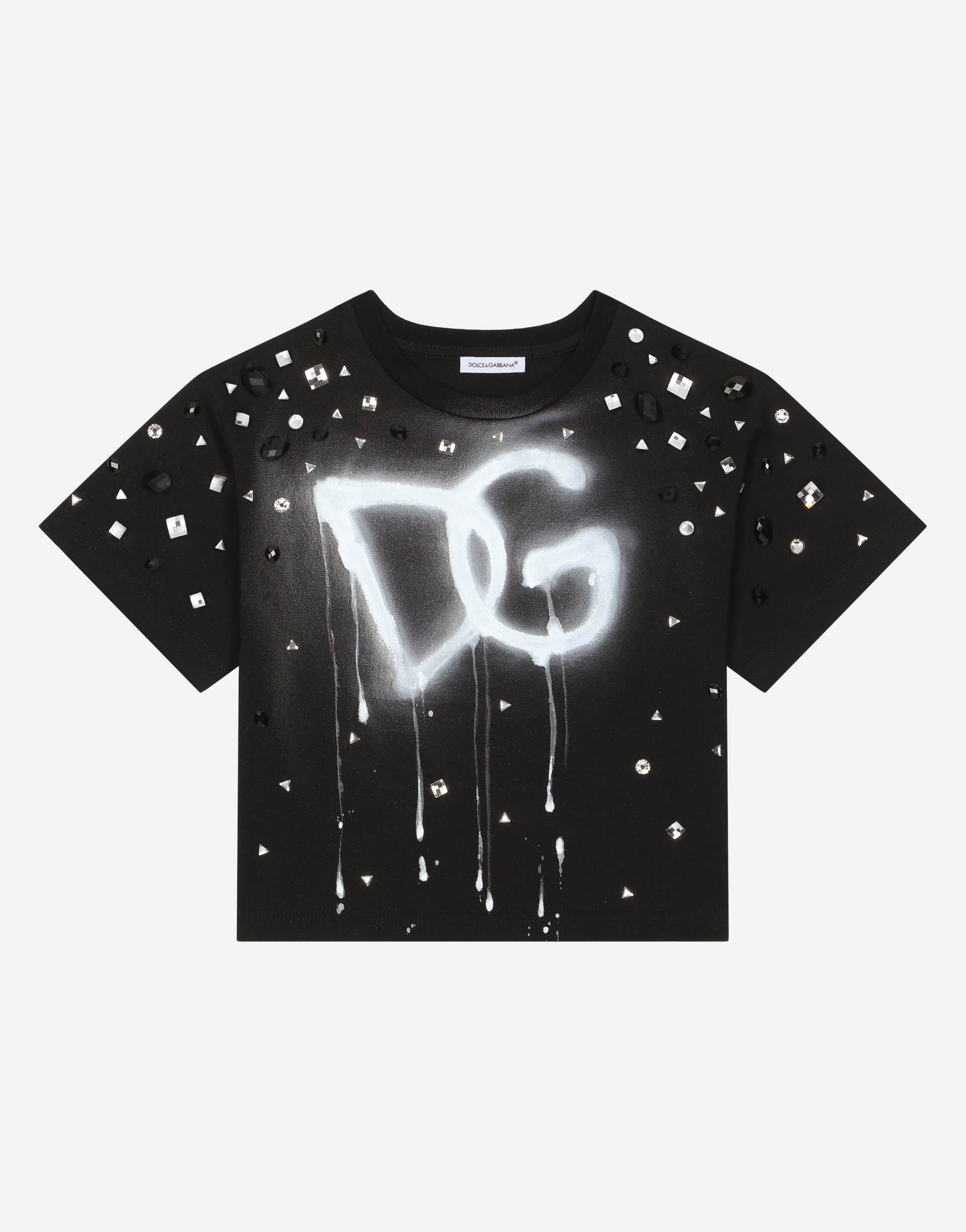 Jersey T-shirt with spray-paint DG logo and fusible rhinestones in Black