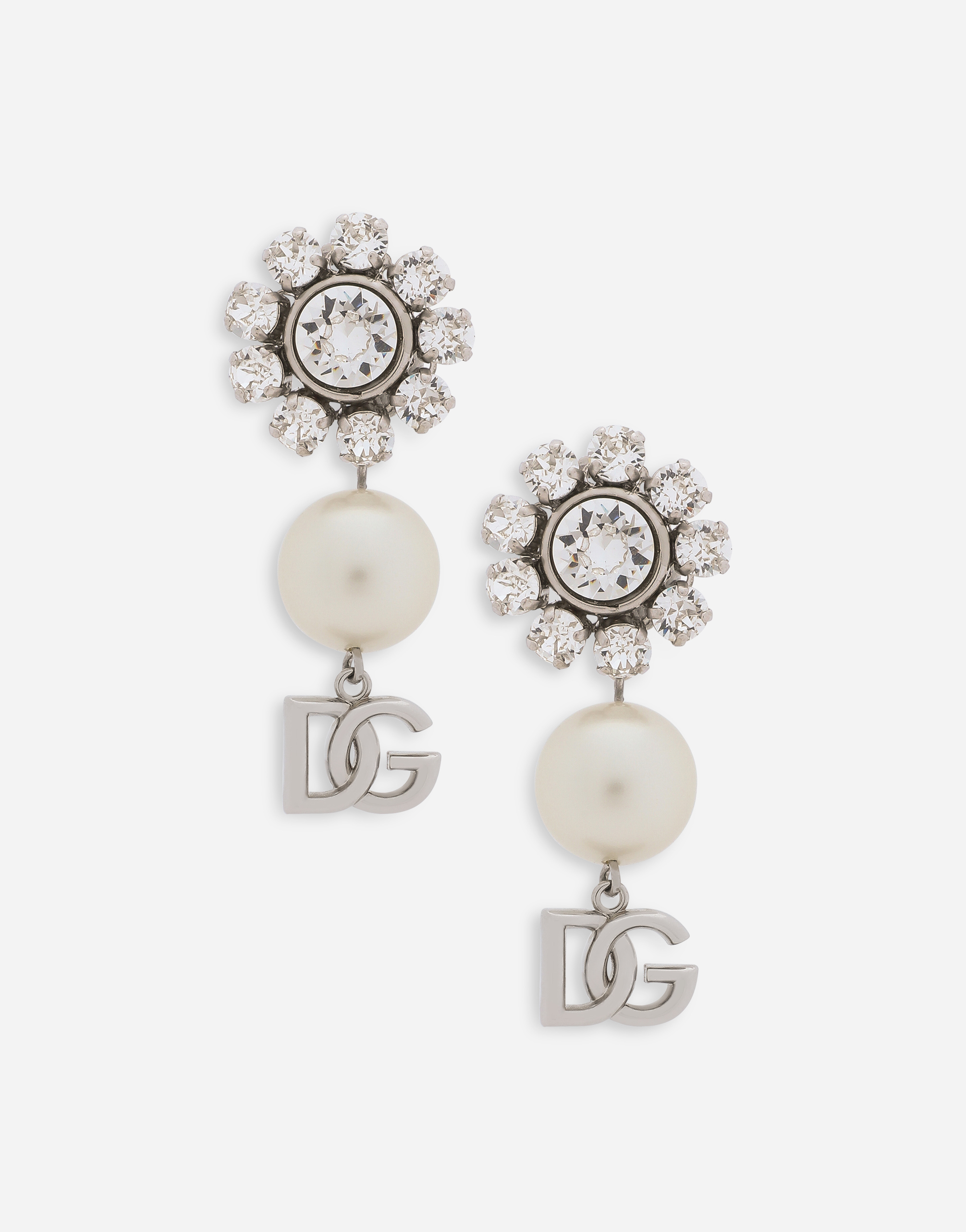 Earrings with rhinestones, pearls and DG logo in Silver