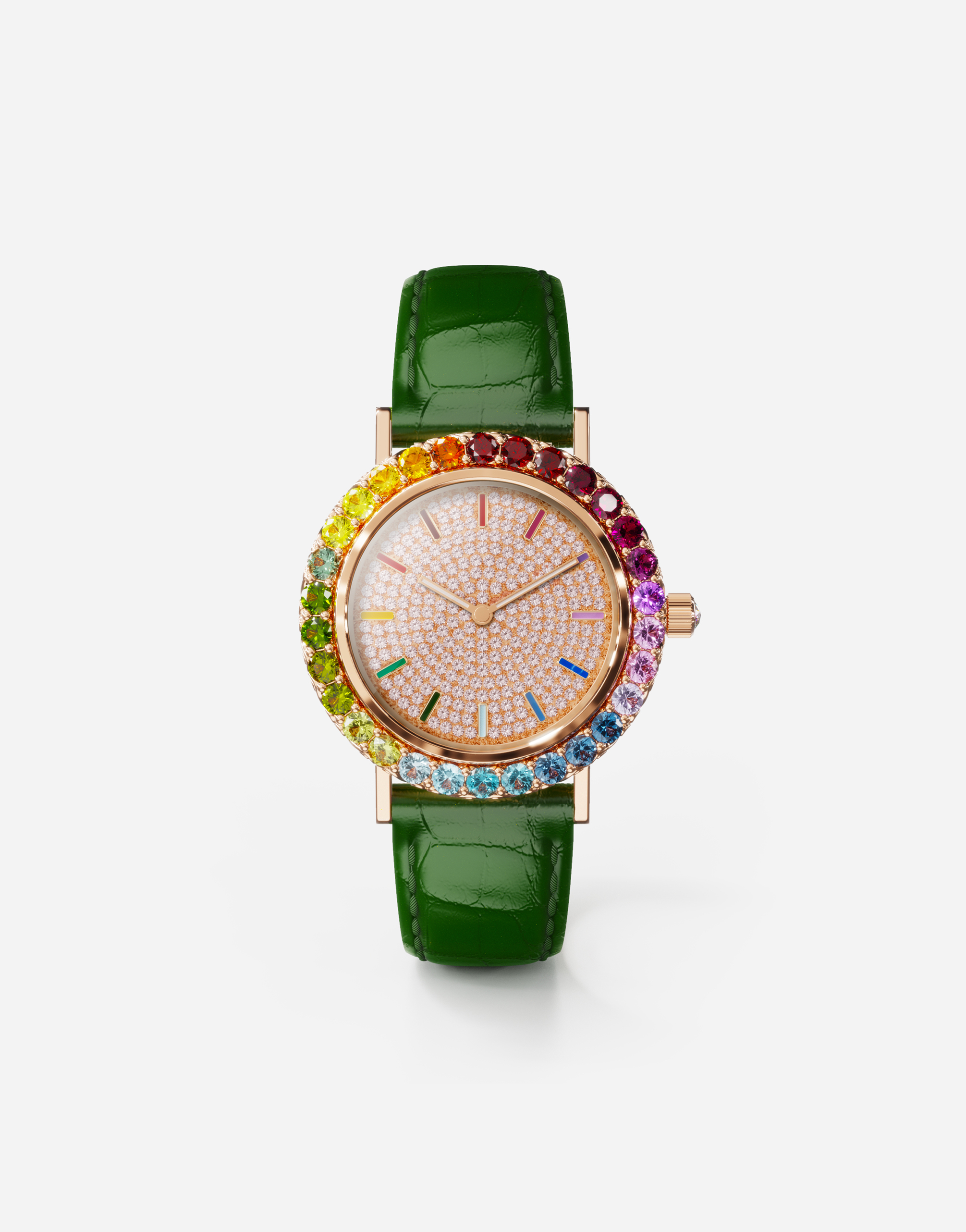 Iris watch in rose gold with multi-colored fine gems and diamonds in Green