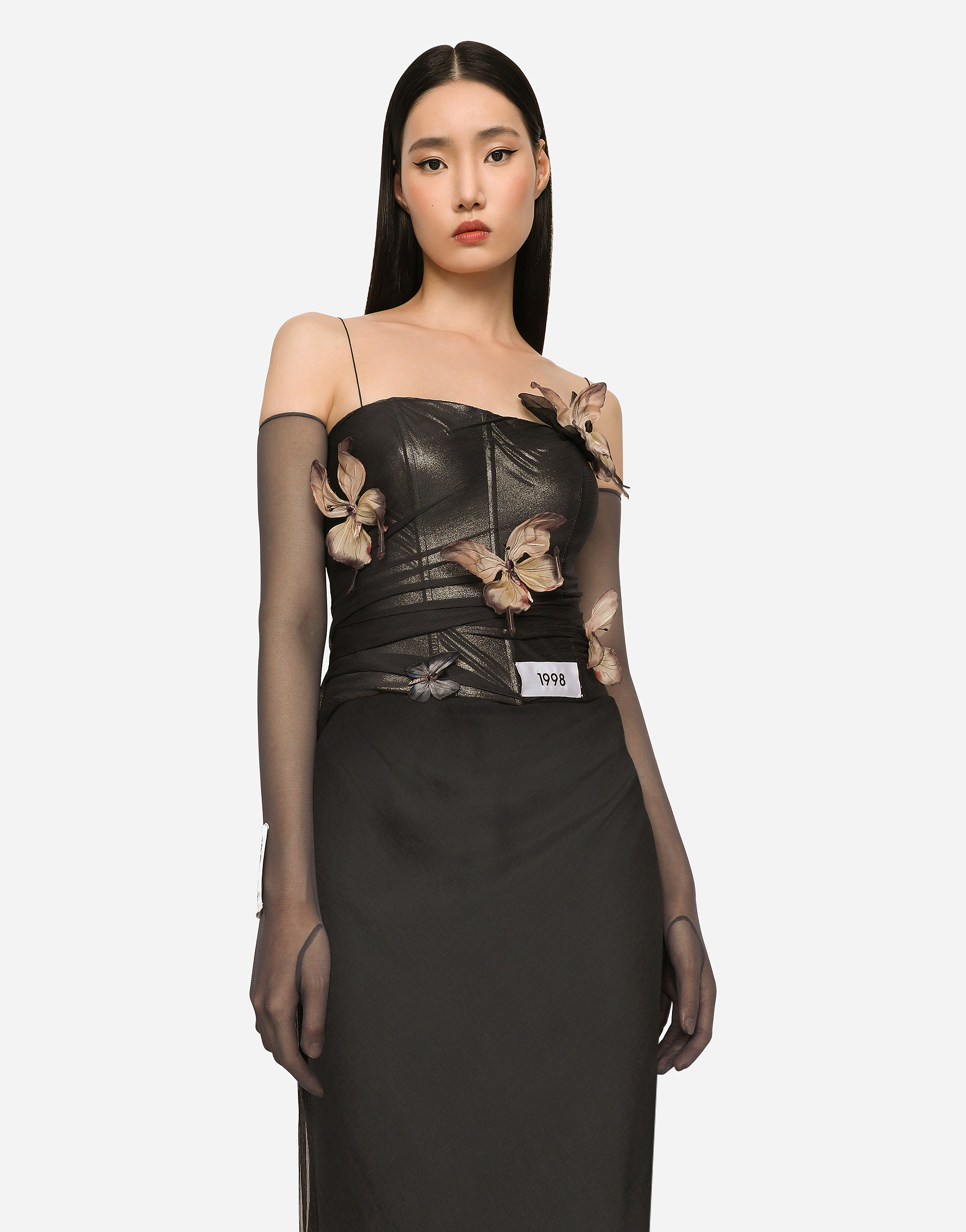Shop Dolce & Gabbana Long Chiffon Dress With Butterflies In Grey