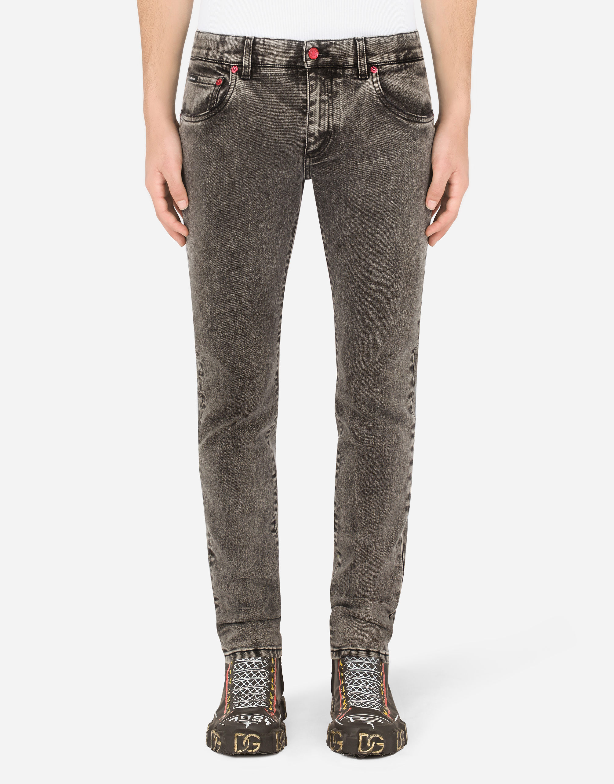 Gray wash skinny stretch jeans with patch detailing in Multicolor