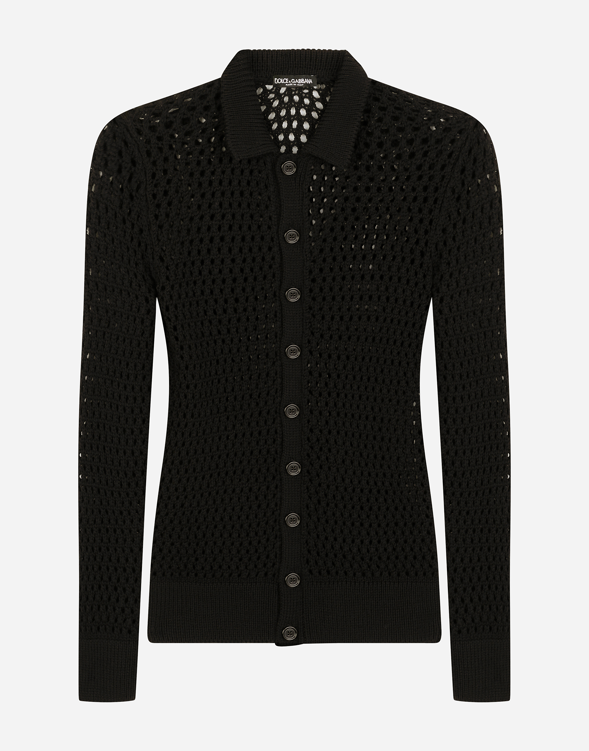 Mesh-stitch polo-style sweater in Black
