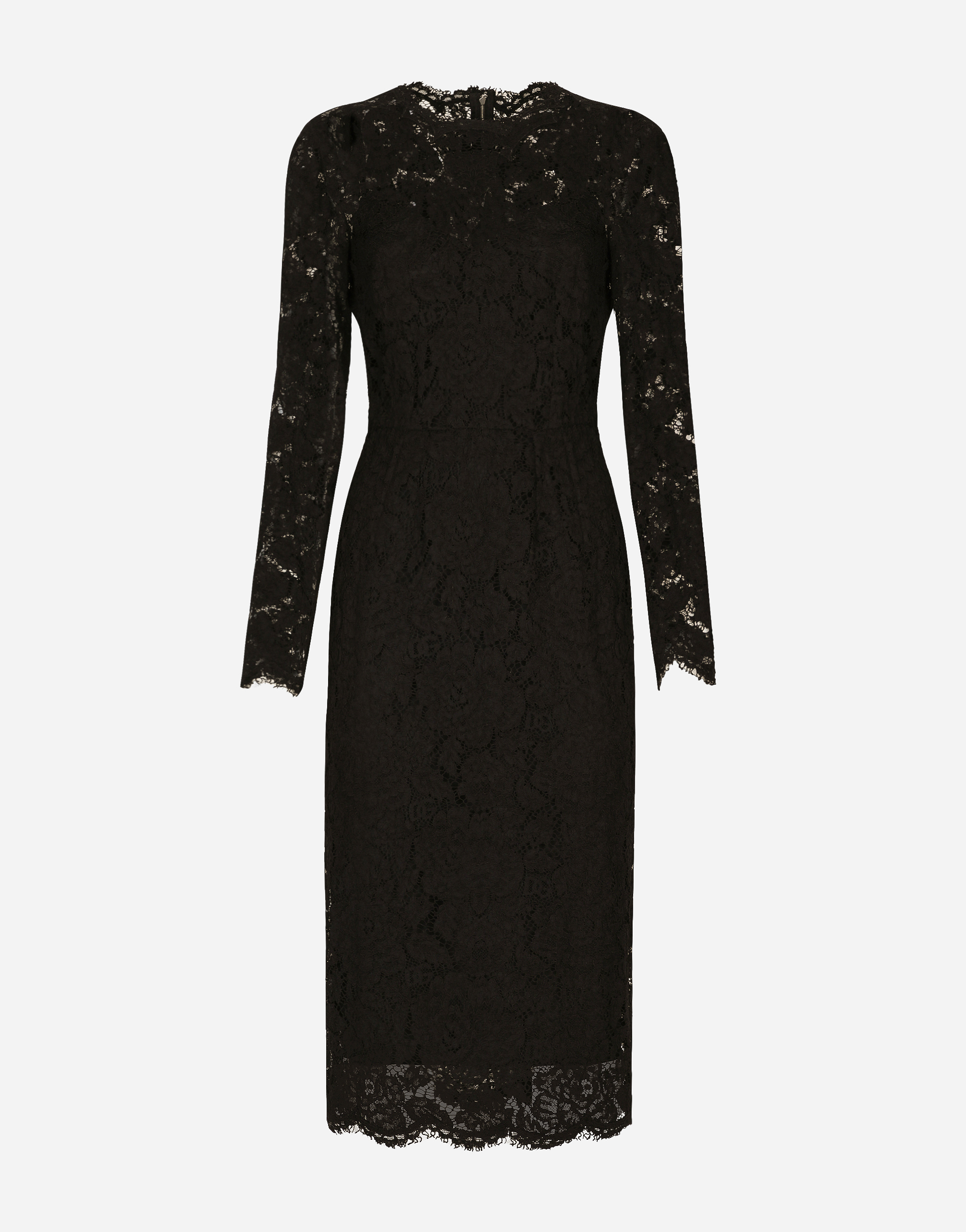 Long-sleeved calf-length dress in branded stretch lace in Black