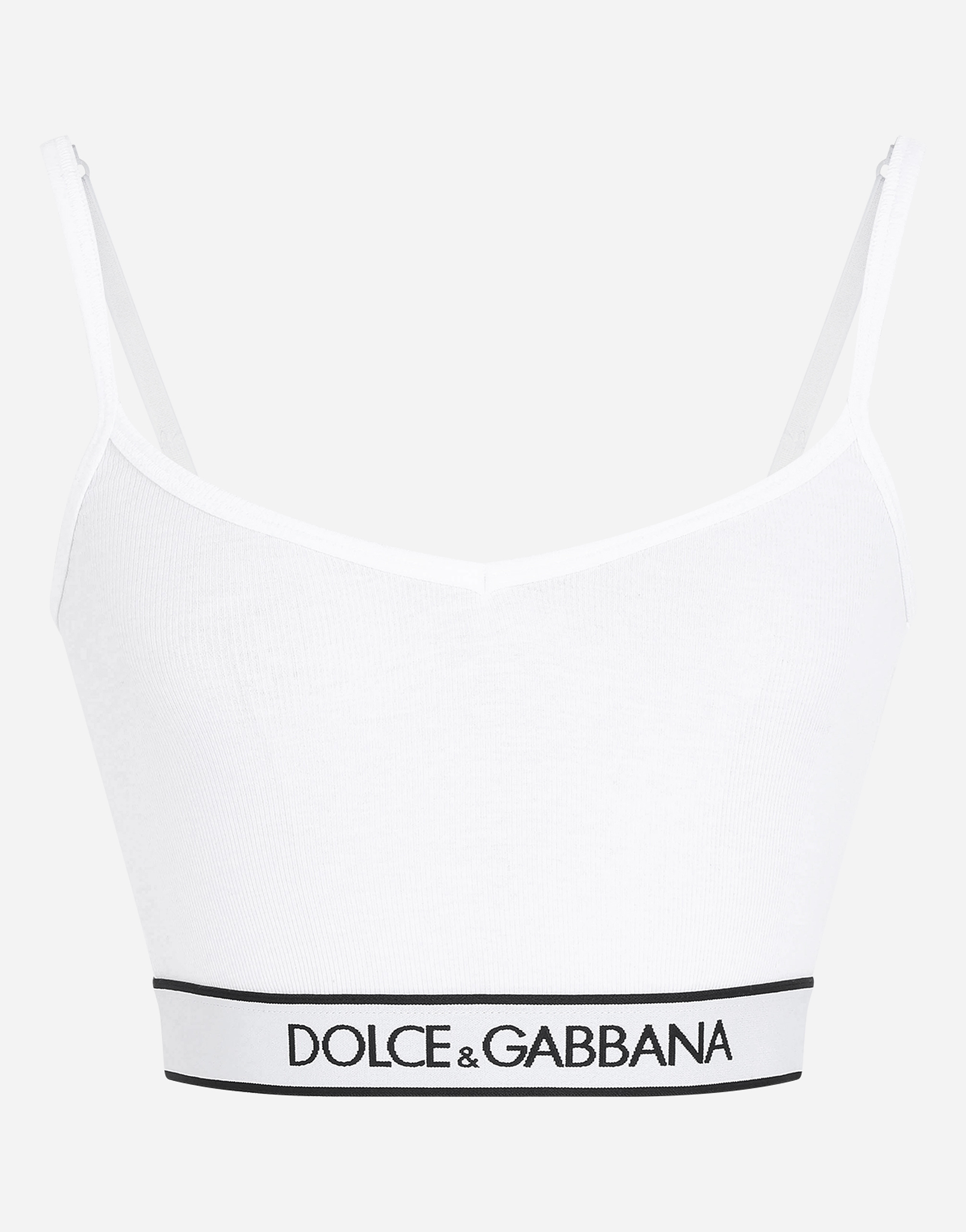 Fine-rib jersey top with spaghetti straps and branded elastic in White