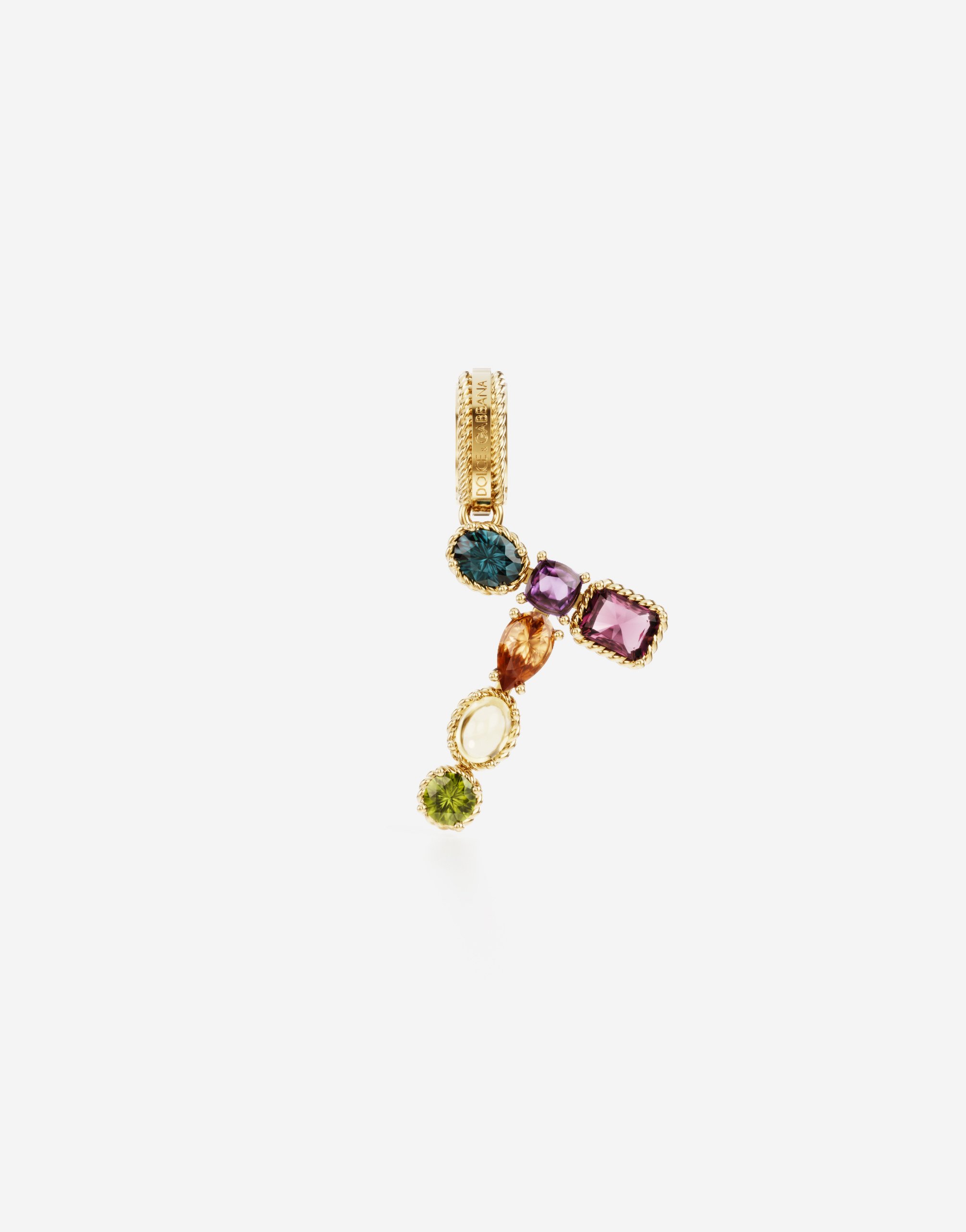 Rainbow alphabet T 18 kt yellow gold charm with multicolor fine gems in Gold