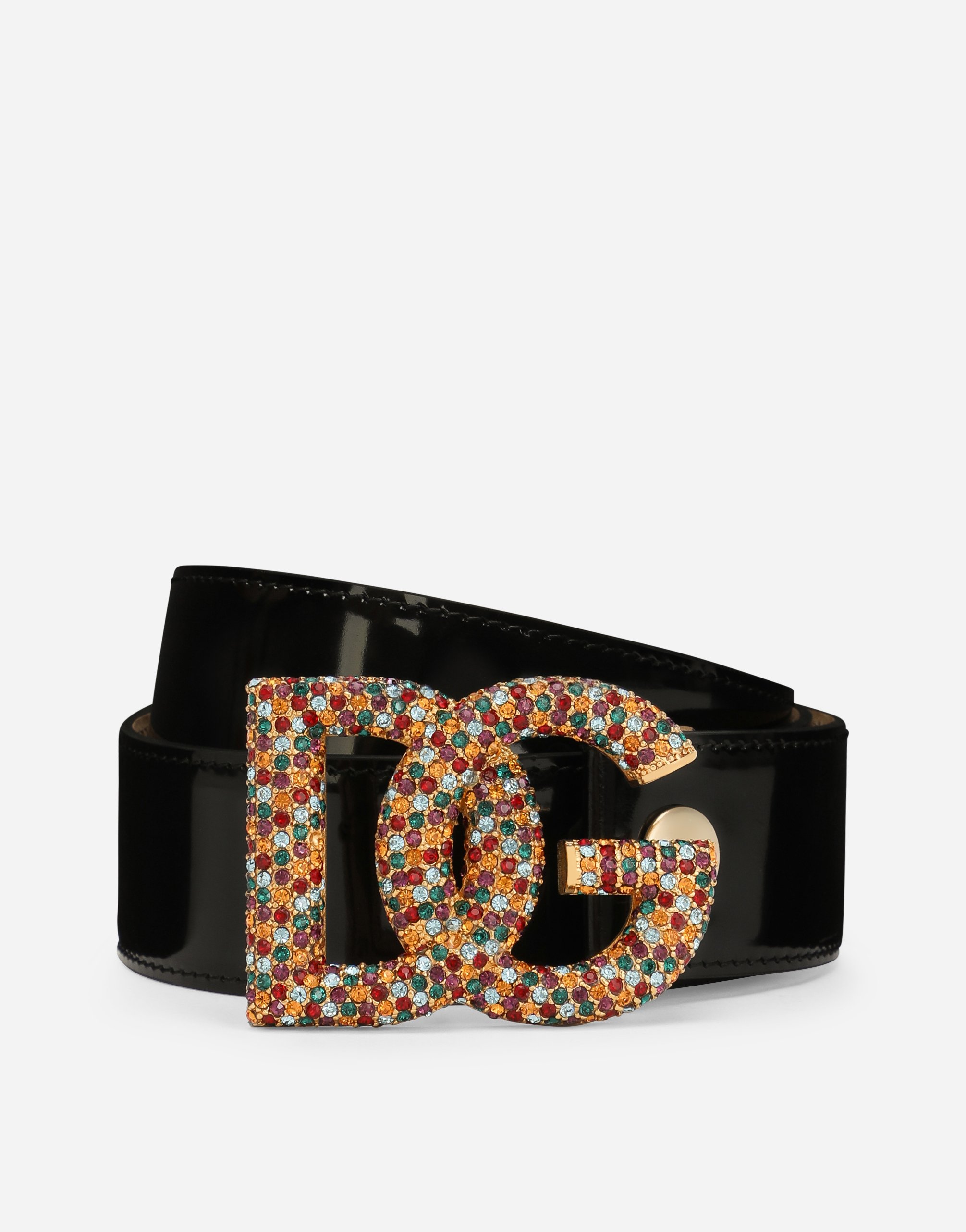Polished calfskin belt with crystal DG logo in Multicolor
