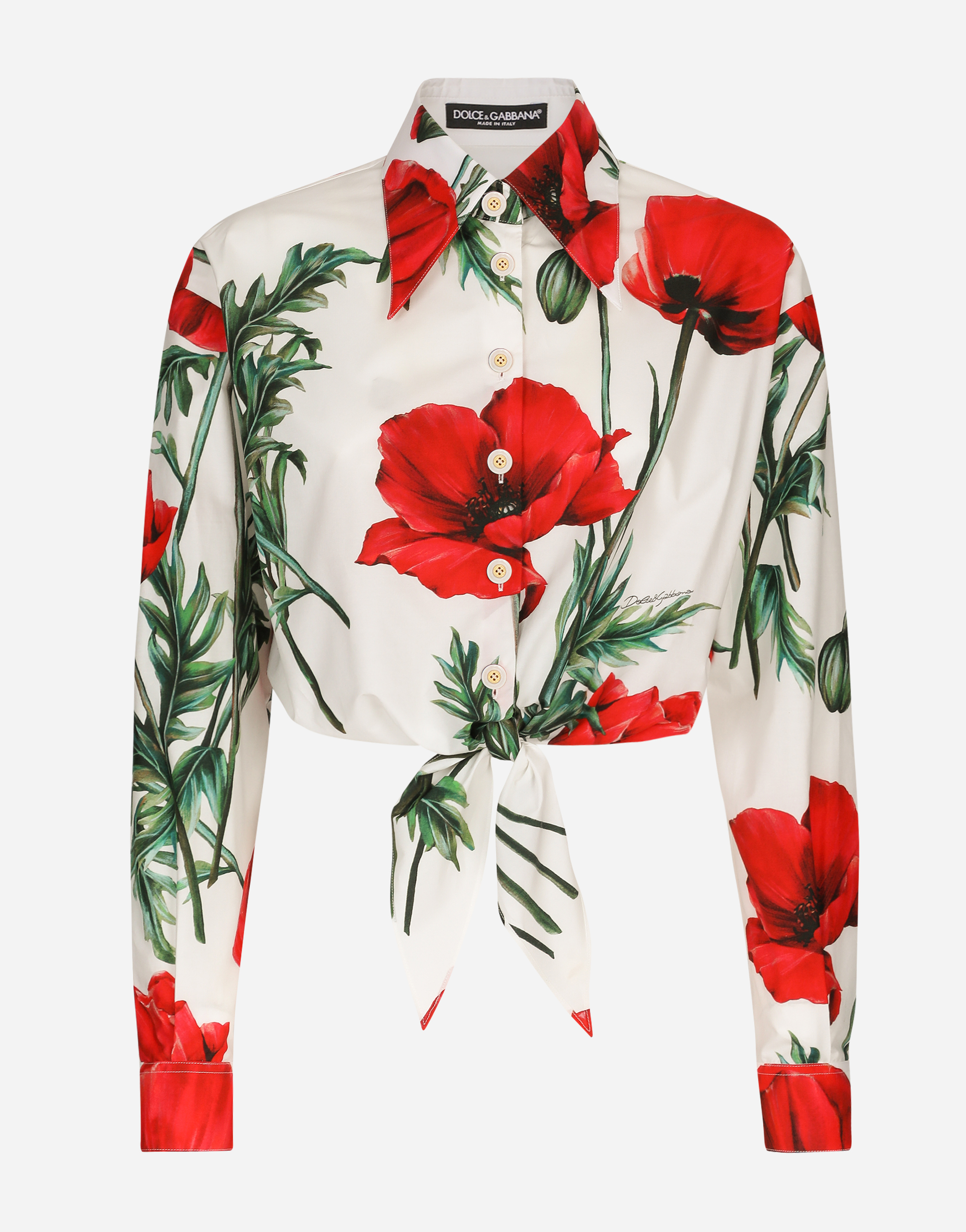 Poppy-print poplin shirt with knot detail in Multicolor