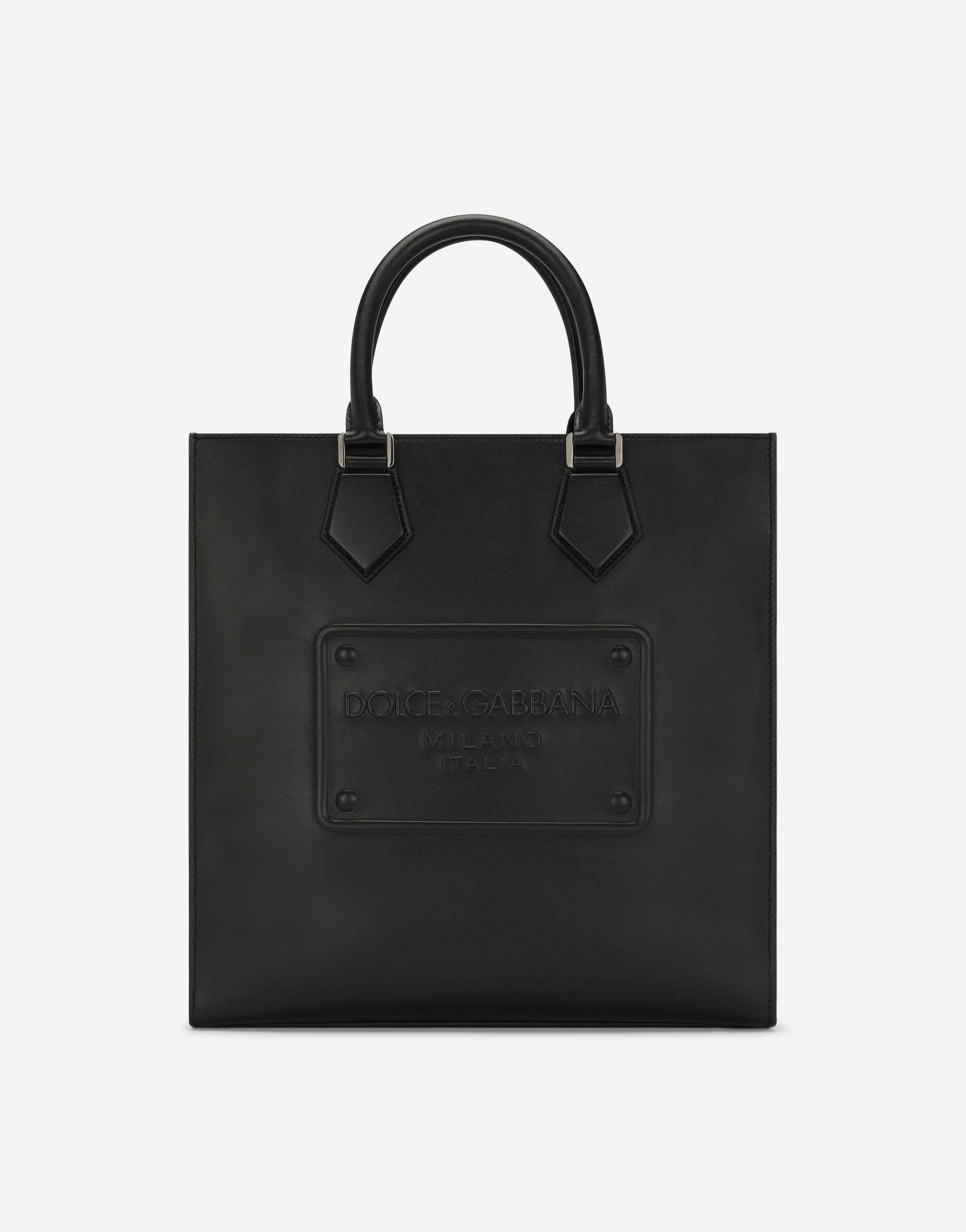 Calfskin tote bag with raised logo in Black