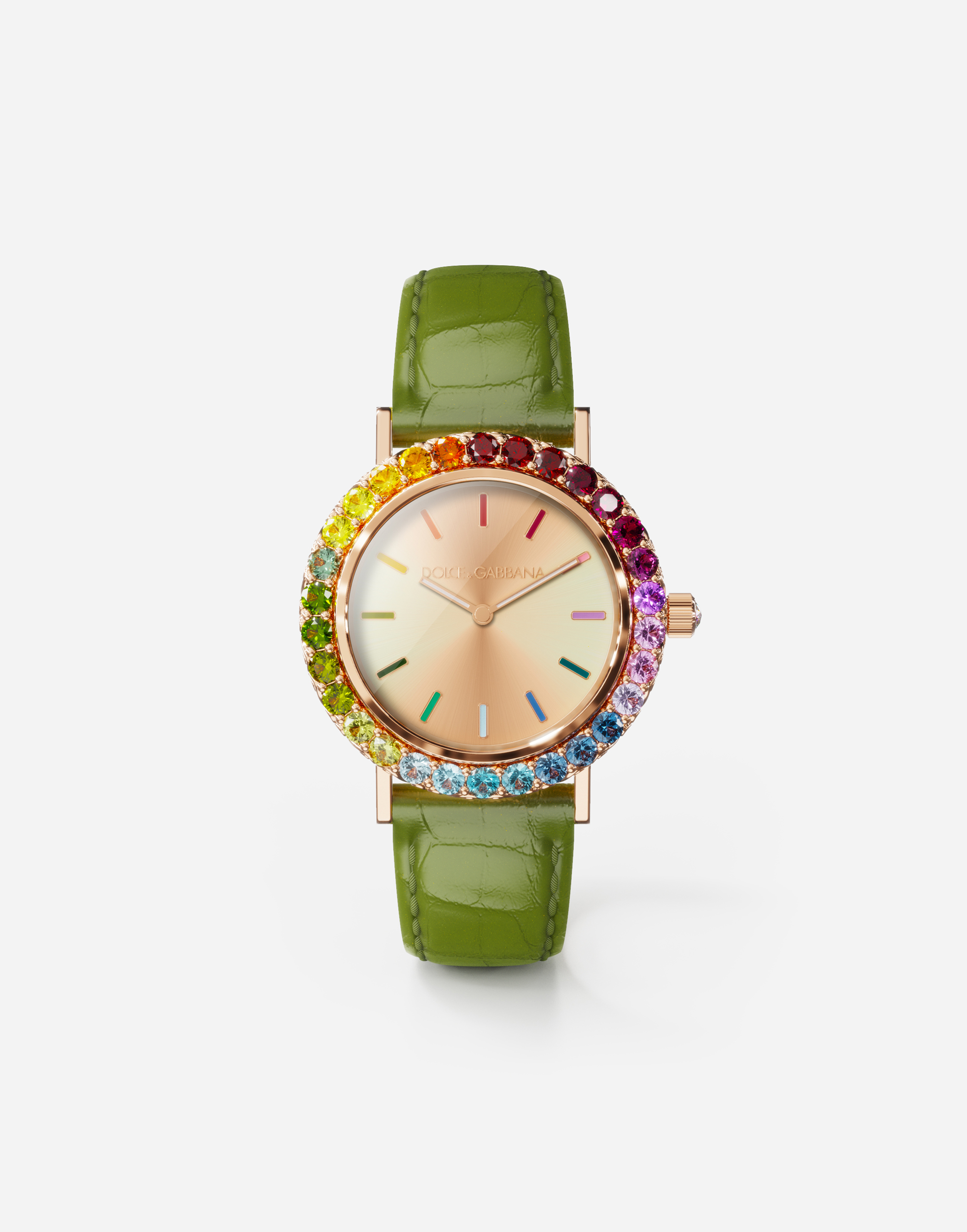 Iris watch in rose gold with multi-colored fine gems in Green